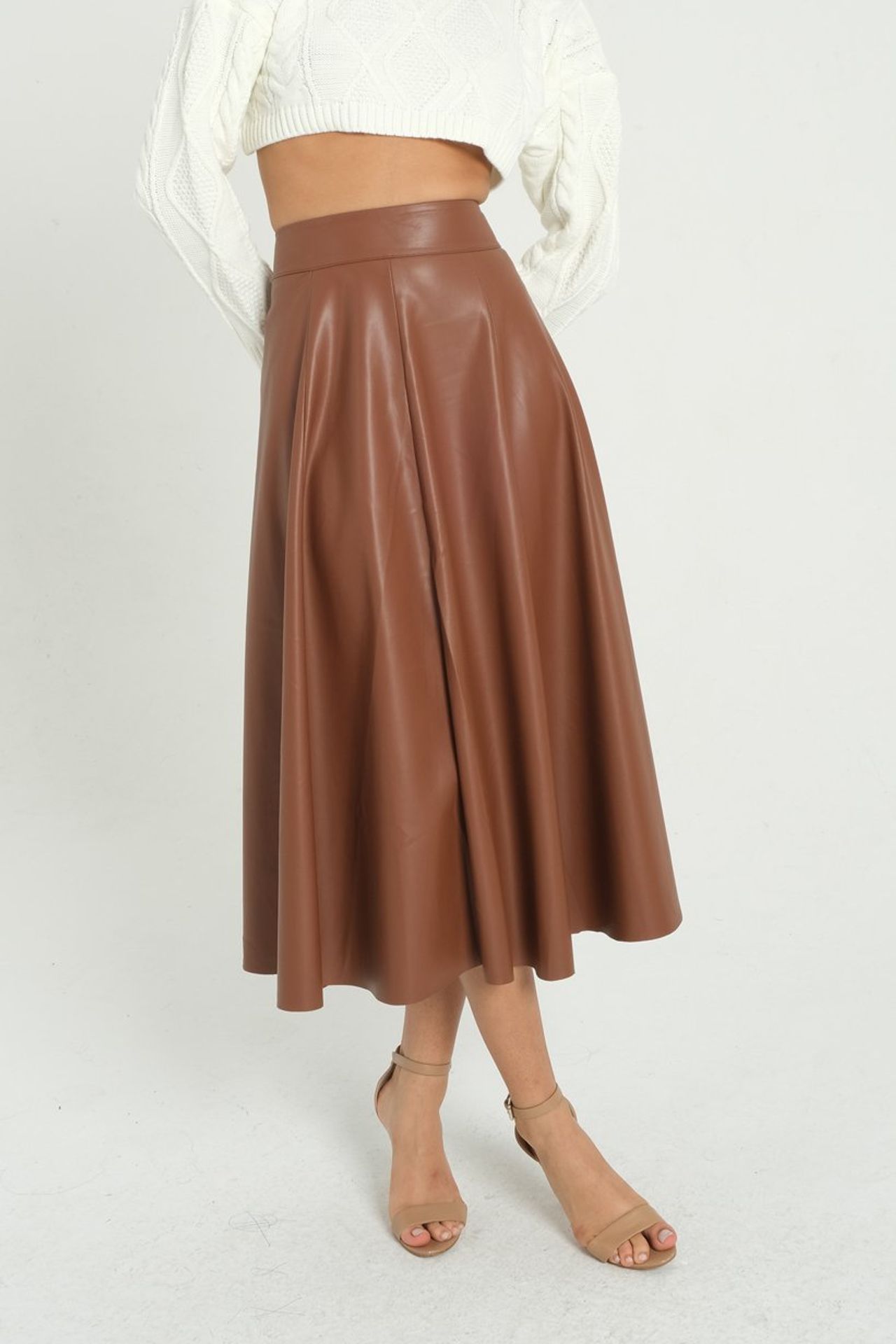 Faux Leather High Waist Pleated Midi Skirt