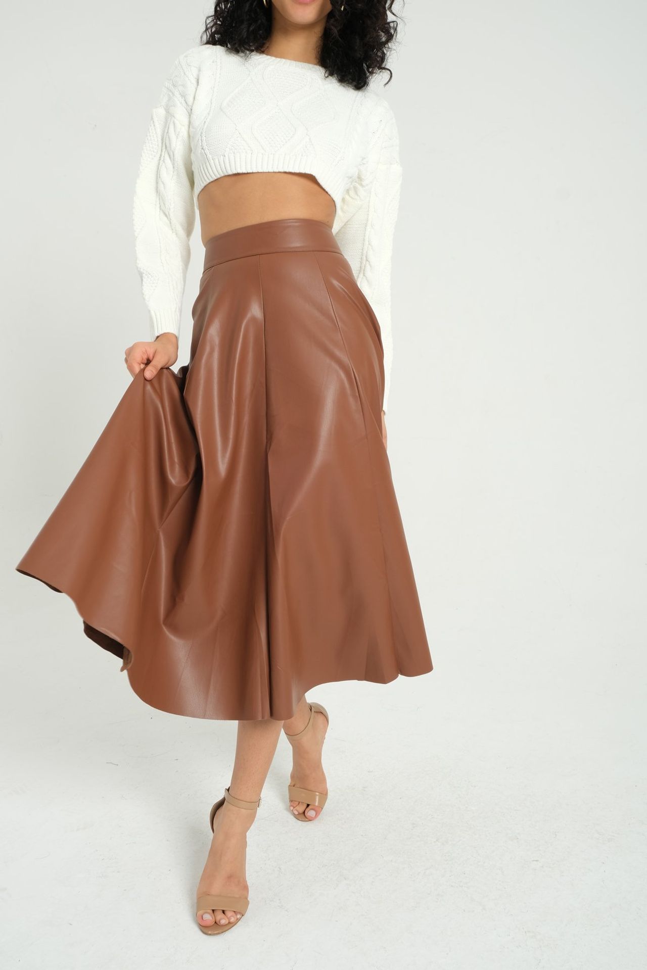 Faux Leather High Waist Pleated Midi Skirt