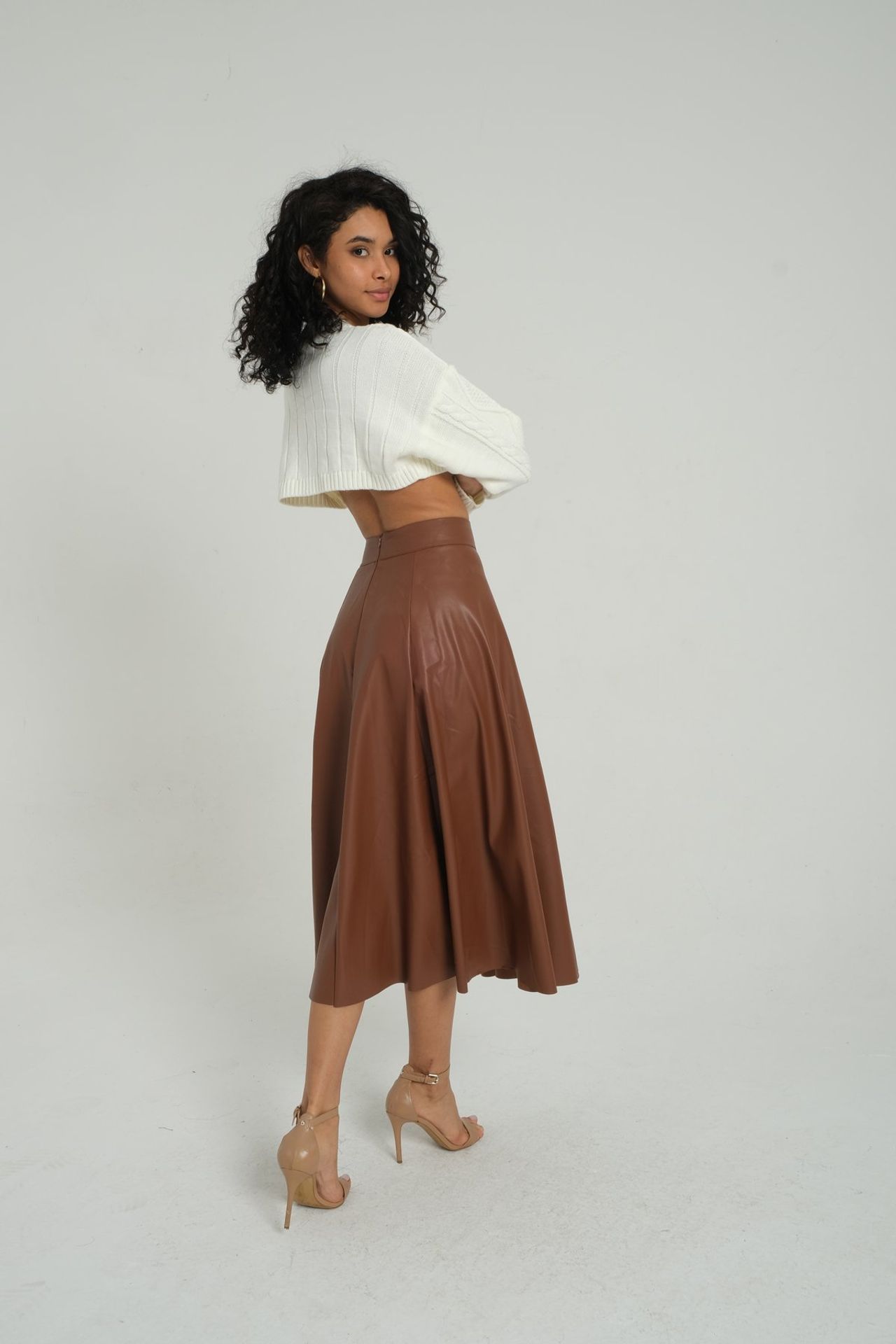 Faux Leather High Waist Pleated Midi Skirt