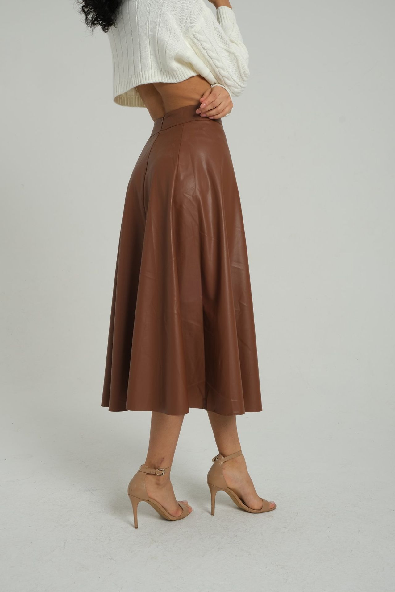 Faux Leather High Waist Pleated Midi Skirt