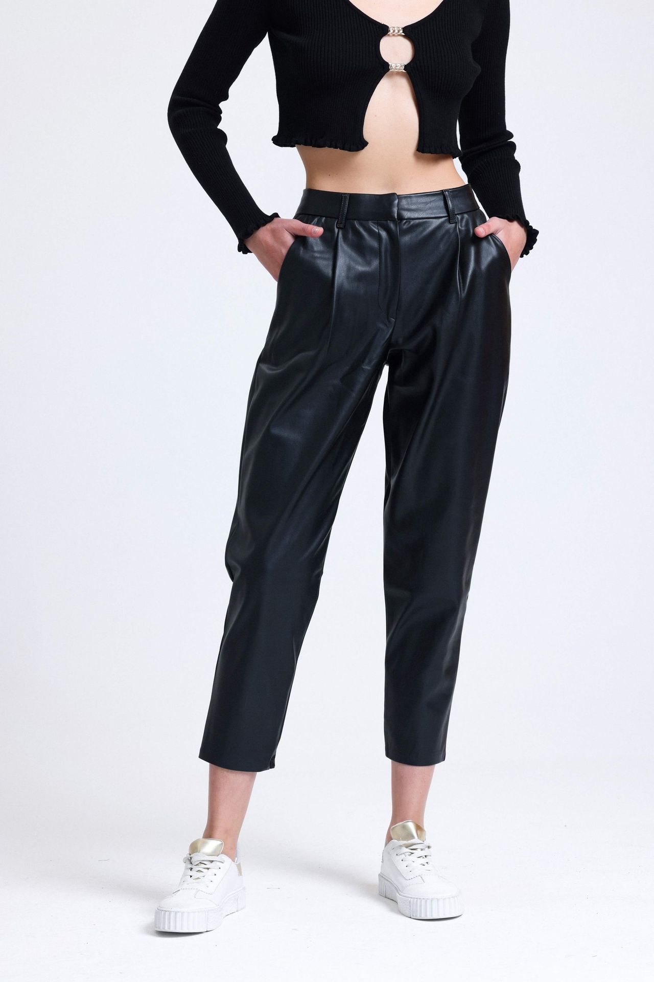 Faux Leather High Waist Pleated Peg Leg Trousers