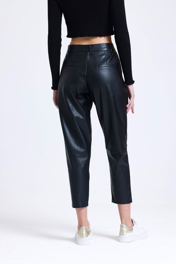 Faux Leather High Waist Pleated Peg Leg Trousers 2