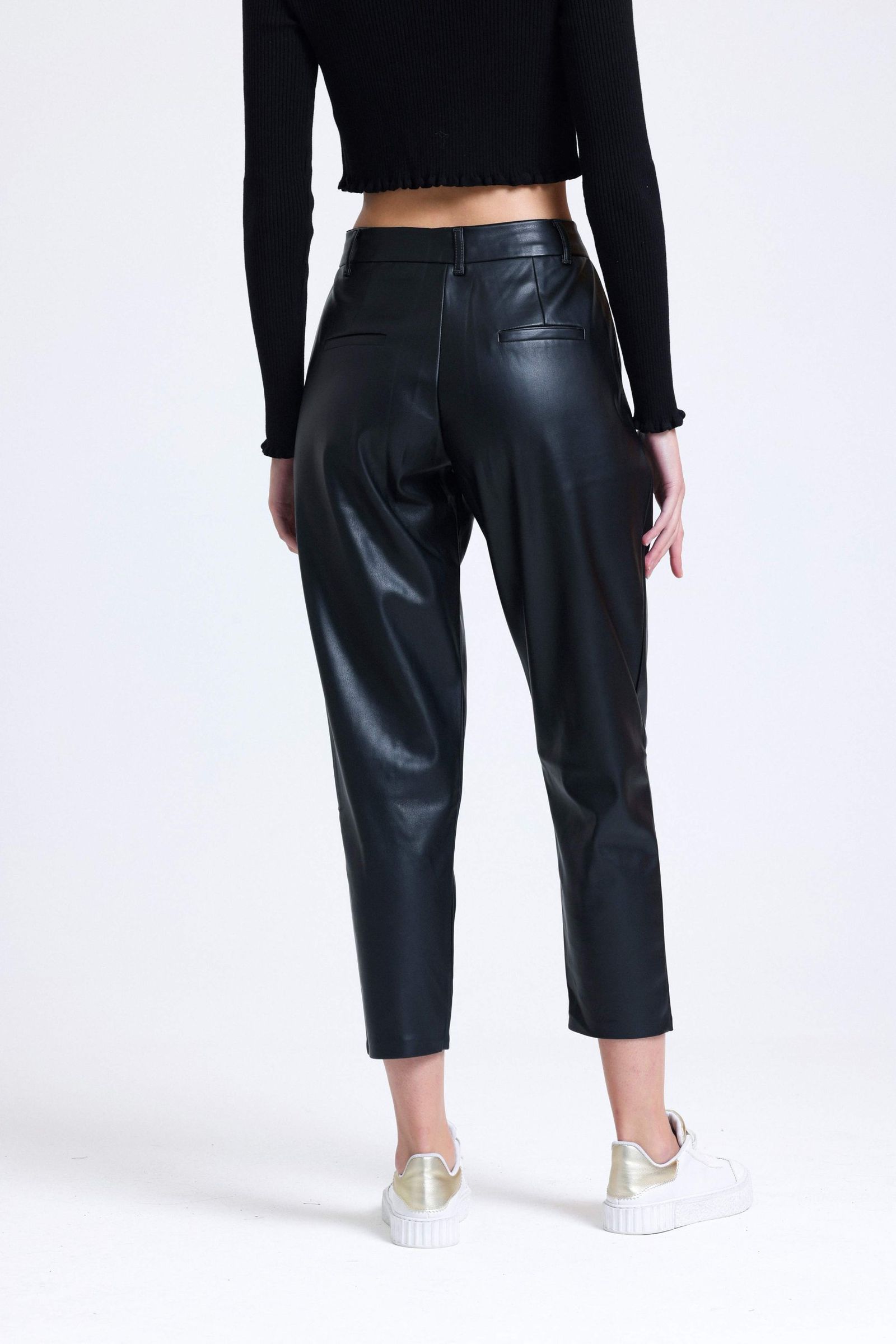 Faux Leather High Waist Pleated Peg Leg Trousers