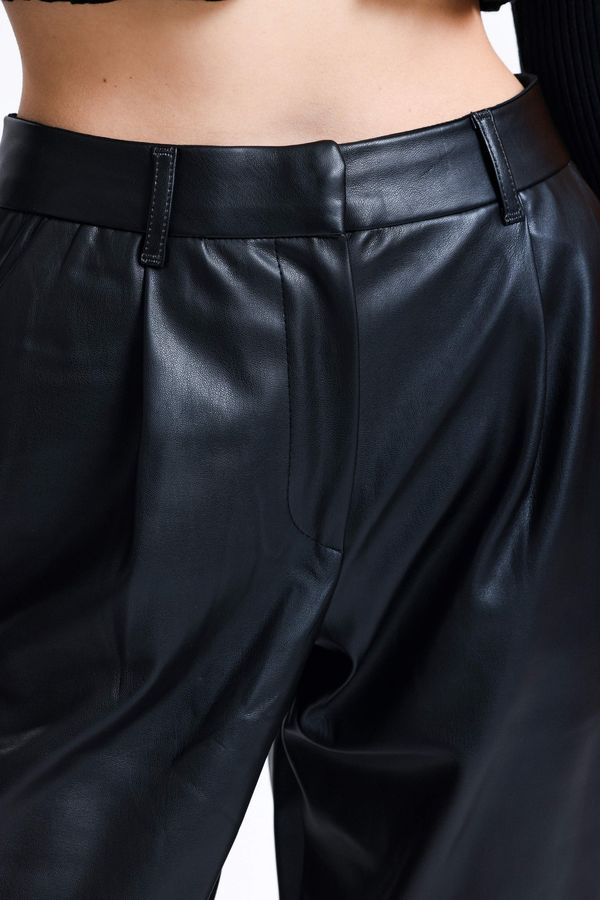 Faux Leather High Waist Pleated Peg Leg Trousers 3