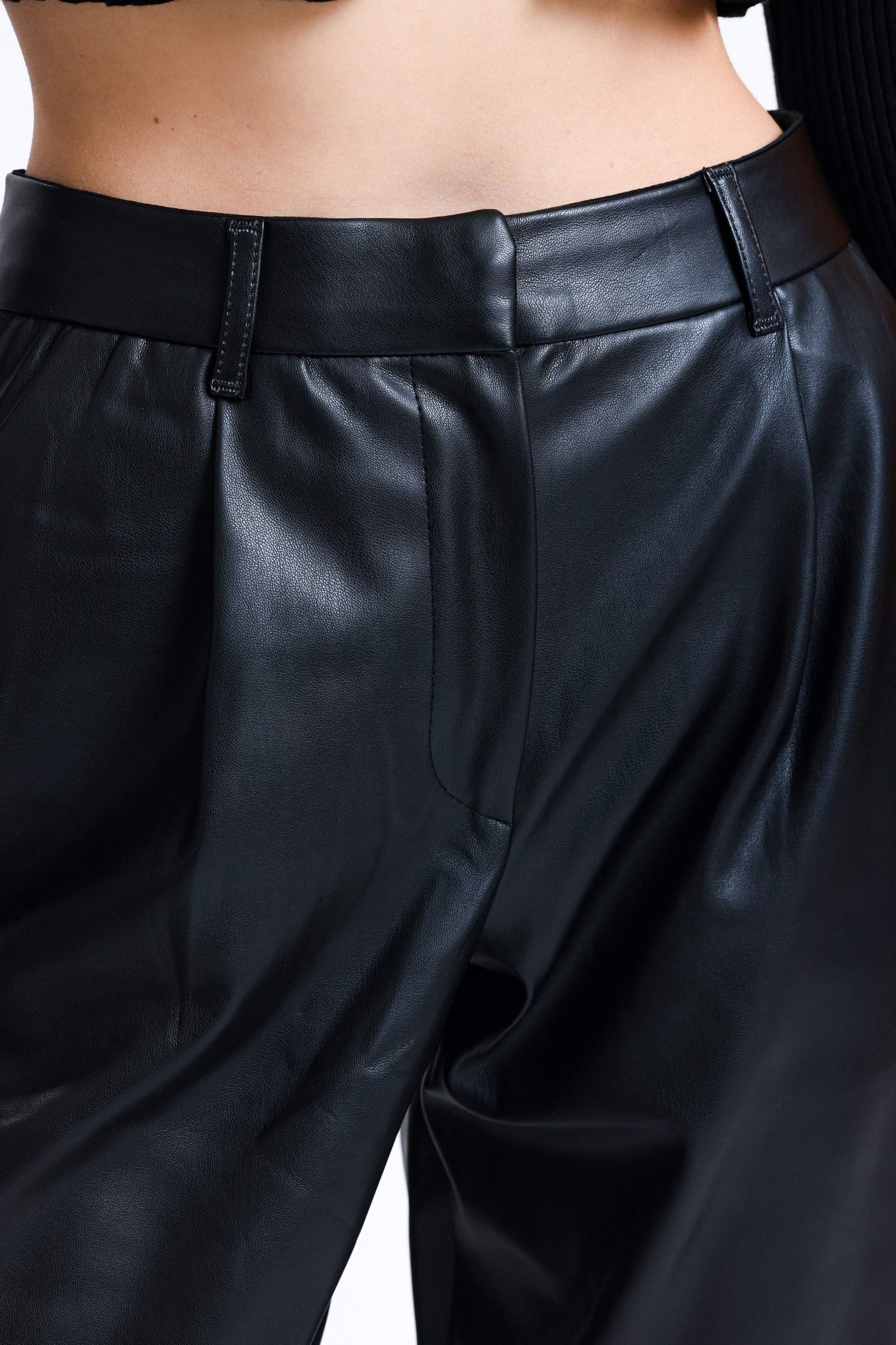 Faux Leather High Waist Pleated Peg Leg Trousers