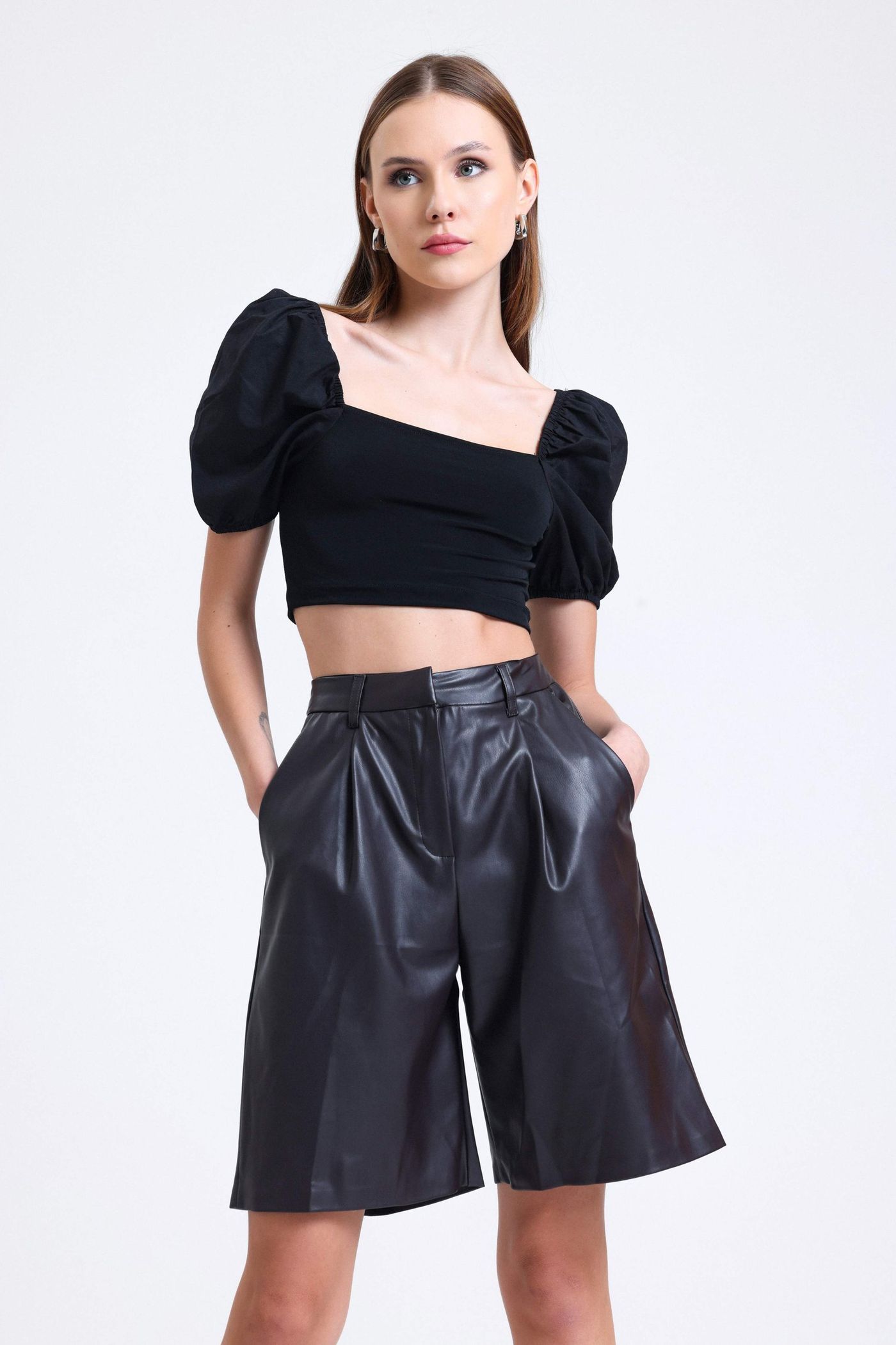 Faux Leather High Waist Pleated Shorts