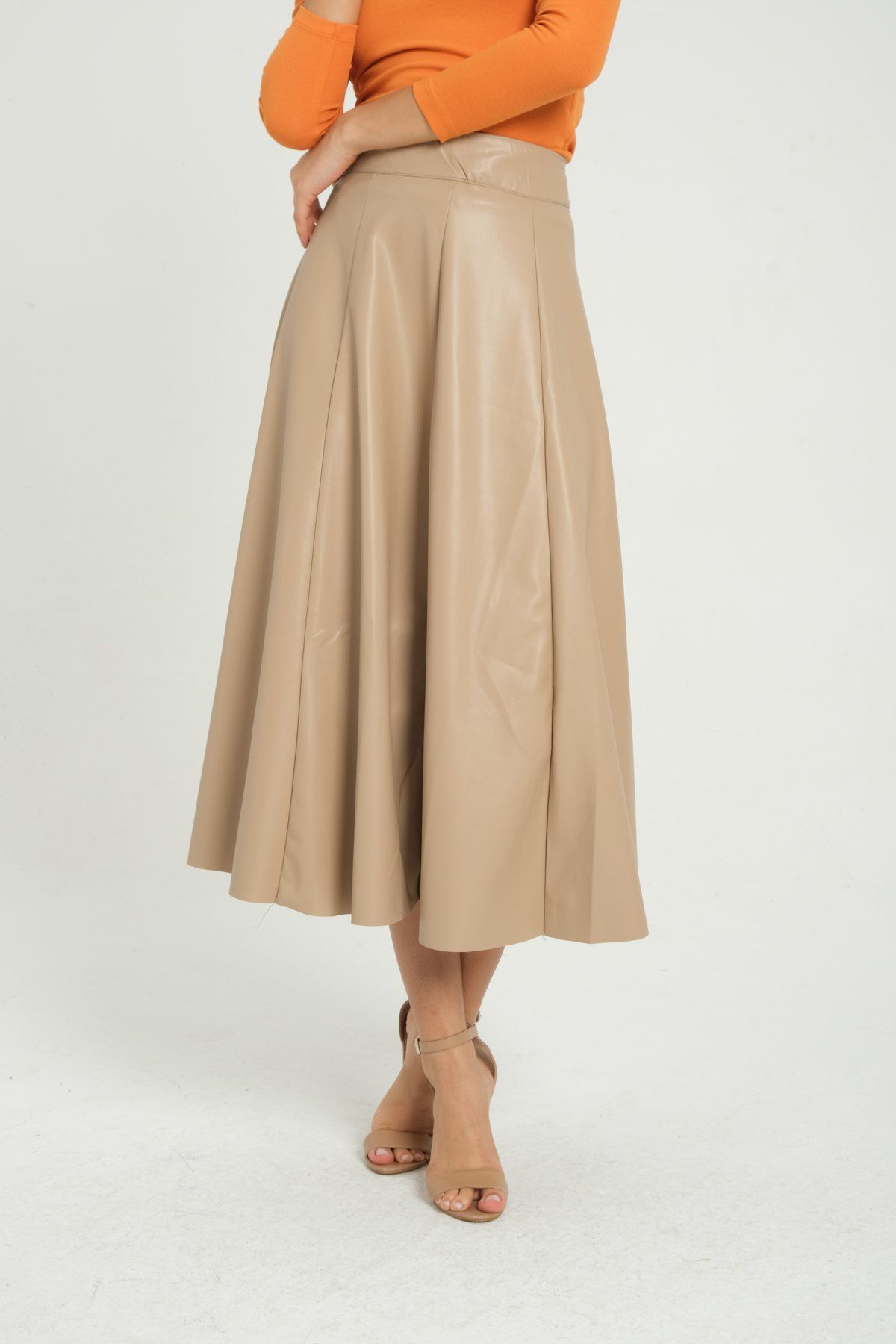 Faux Leather High Waist Pleated Midi Skirt