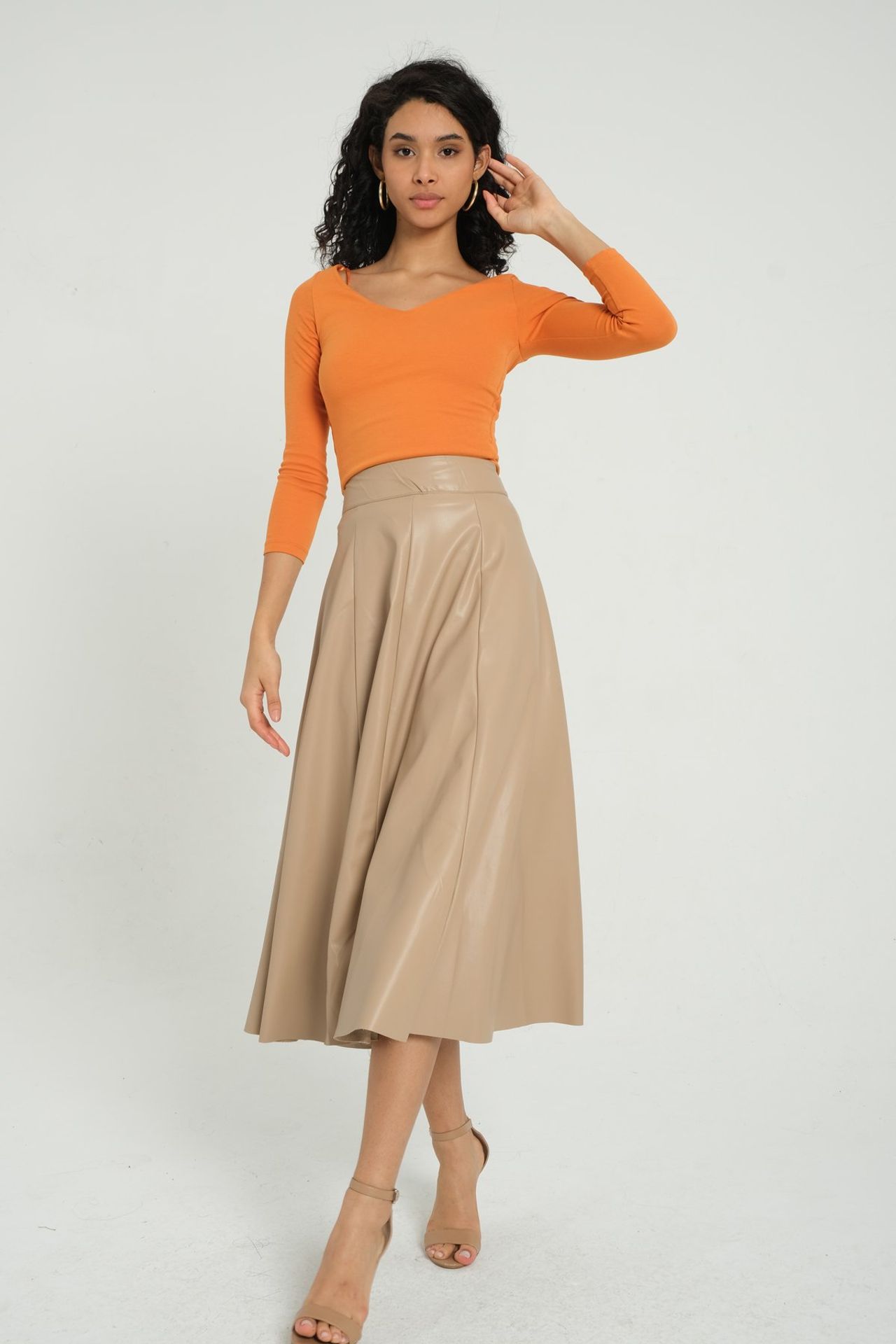 Faux Leather High Waist Pleated Midi Skirt