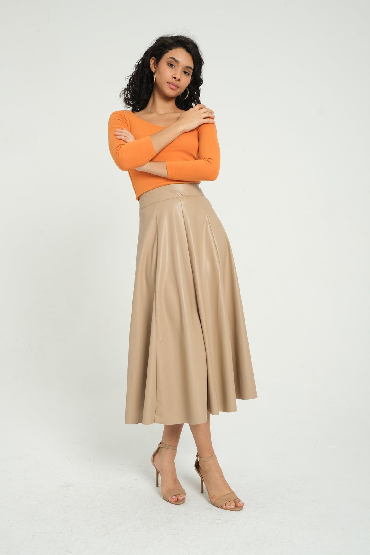 Faux Leather High Waist Pleated Midi Skirt