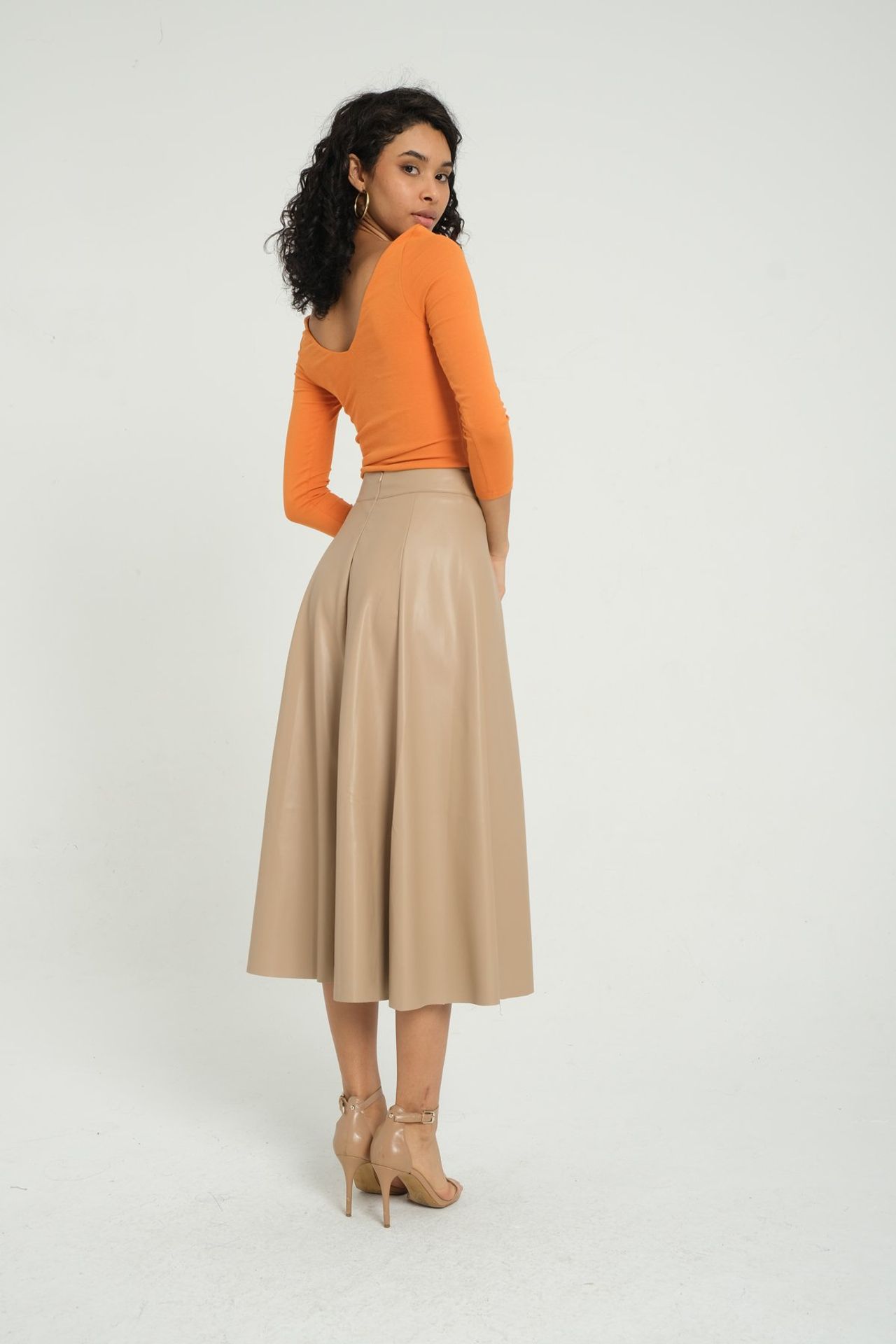 Faux Leather High Waist Pleated Midi Skirt