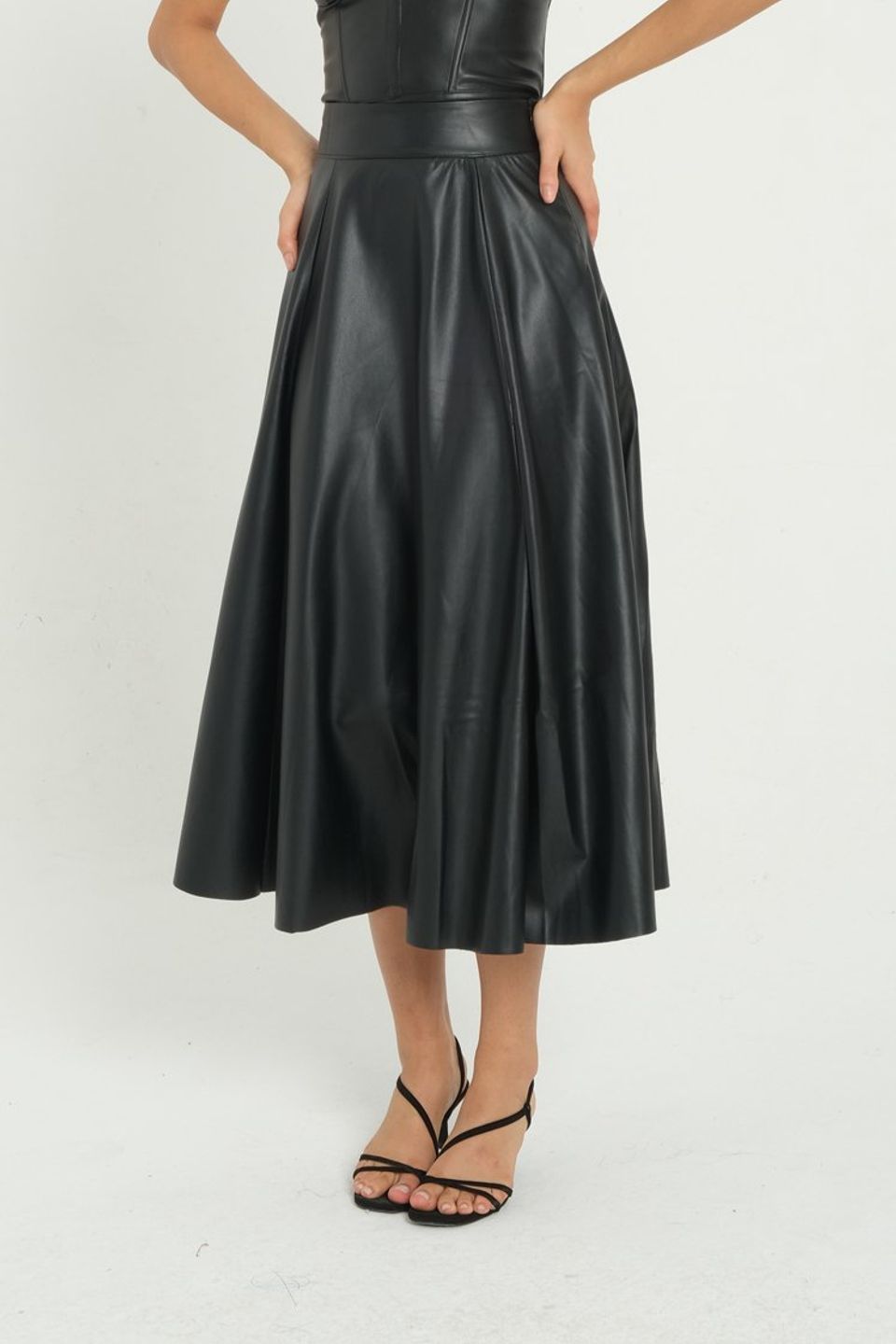 Faux Leather High Waist Pleated Midi Skirt