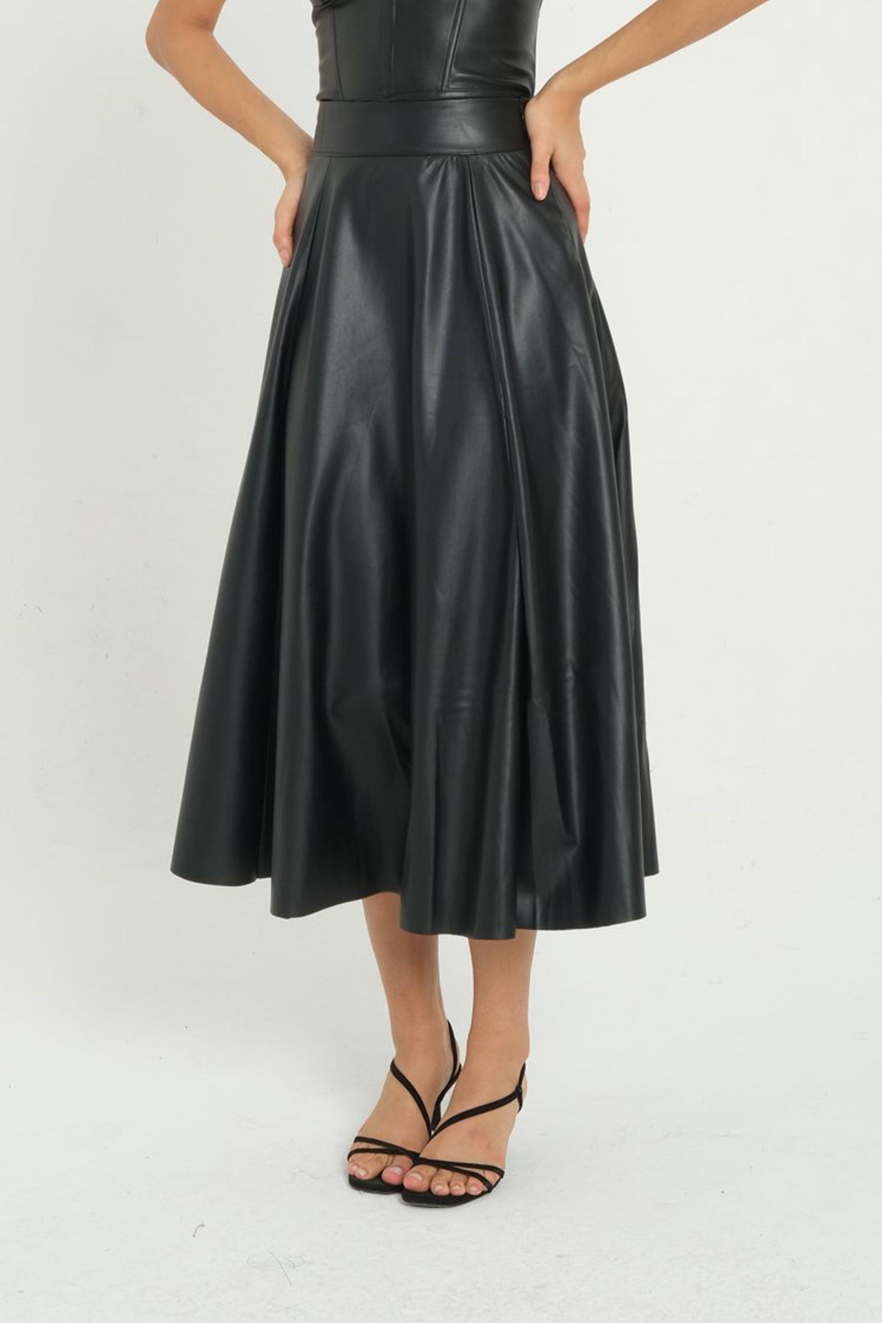 Faux Leather High Waist Pleated Midi Skirt