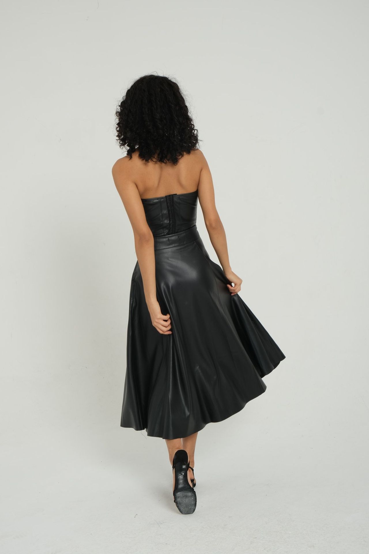 Faux Leather High Waist Pleated Midi Skirt