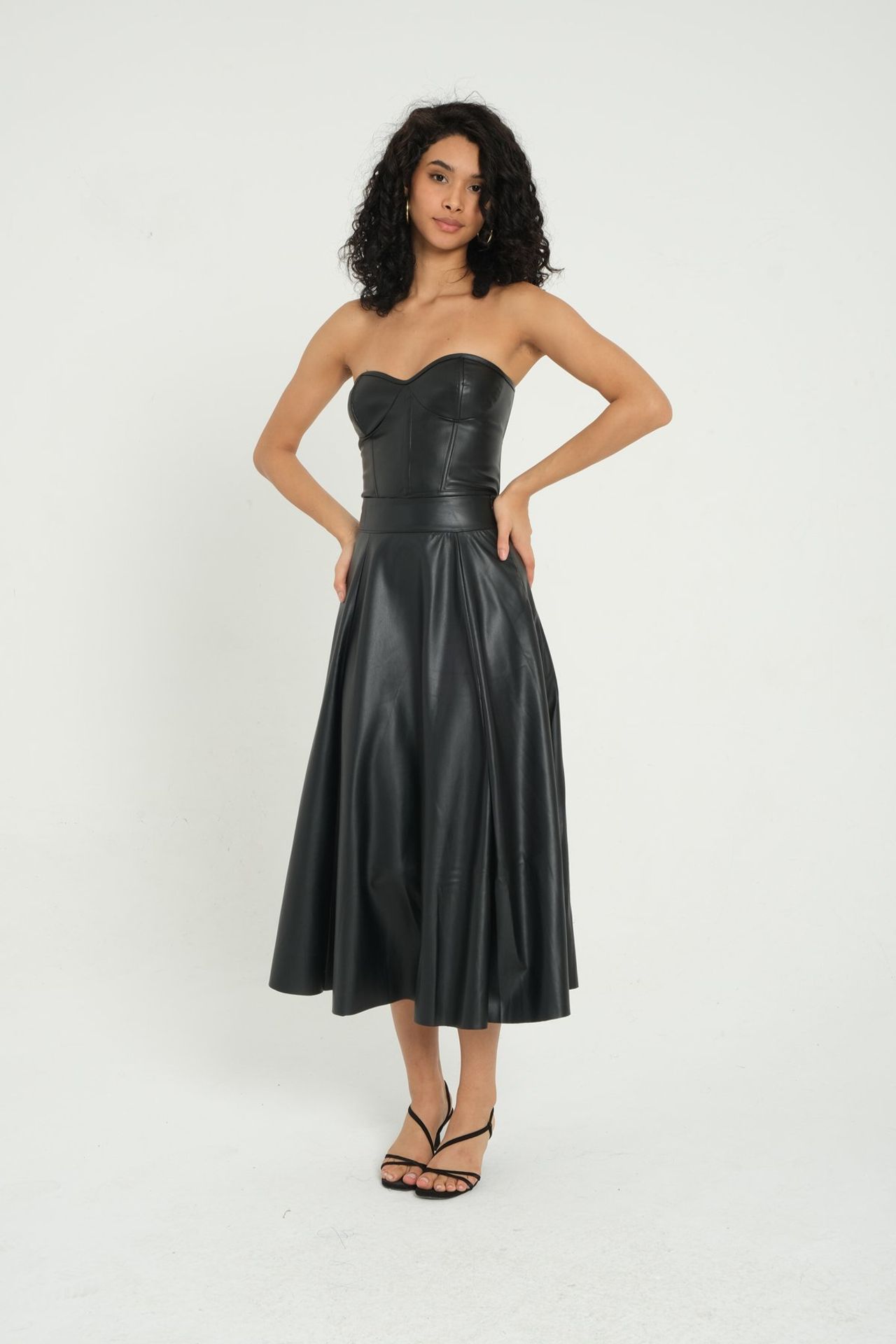 Faux Leather High Waist Pleated Midi Skirt