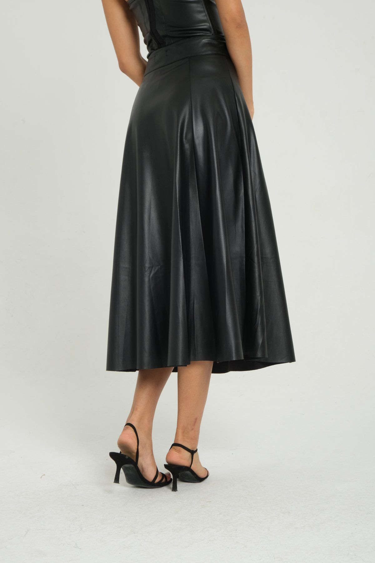 Faux Leather High Waist Pleated Midi Skirt