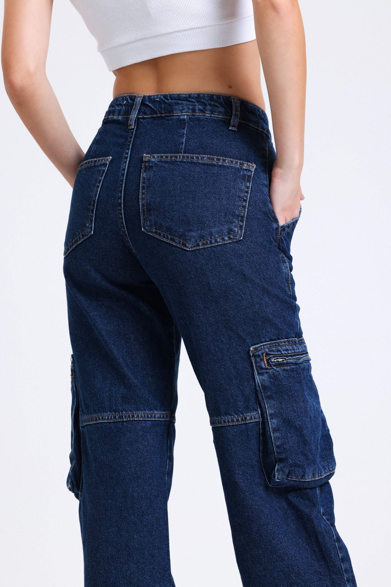 High Waist Pocket Cargo Jeans