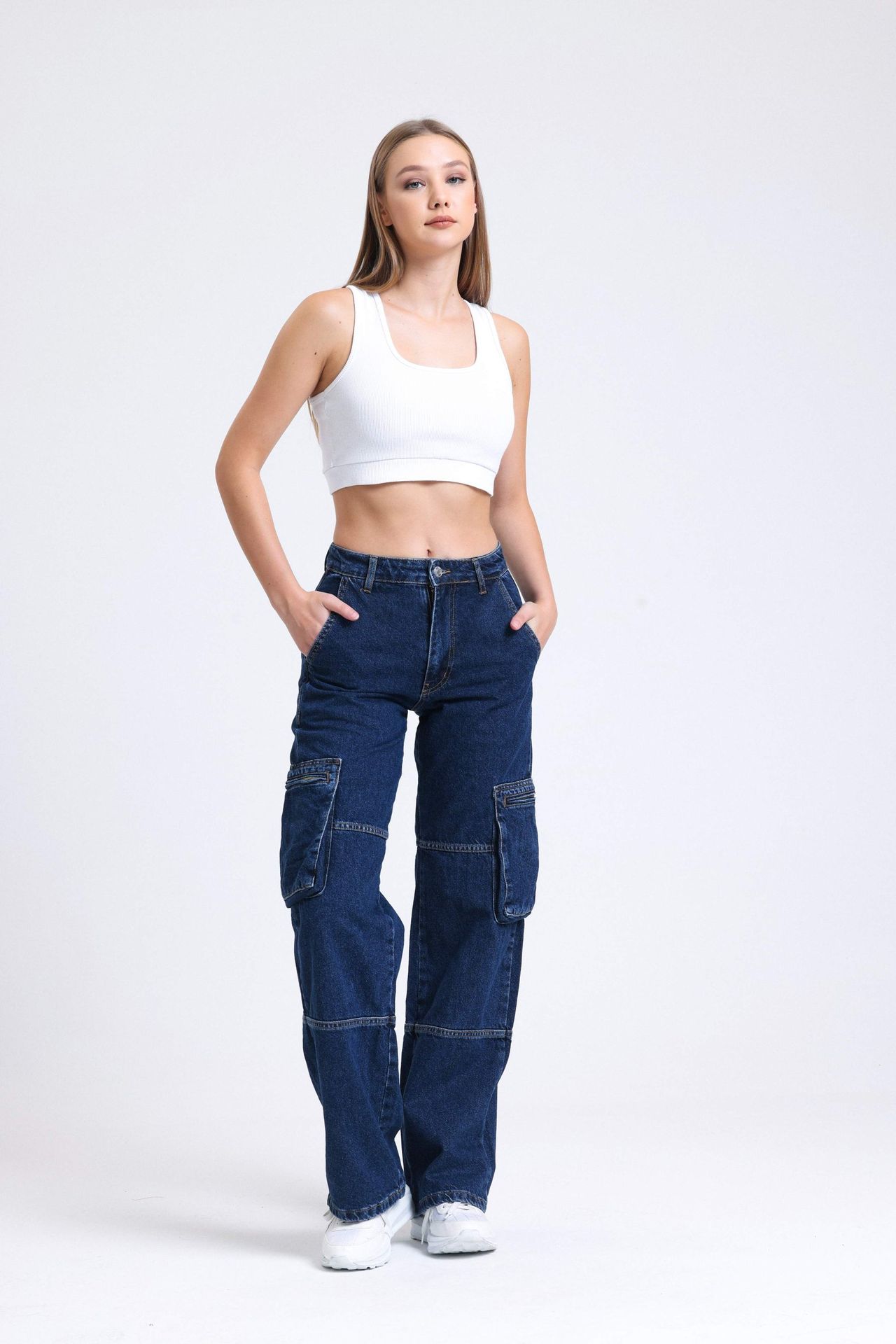 High Waist Pocket Cargo Jeans