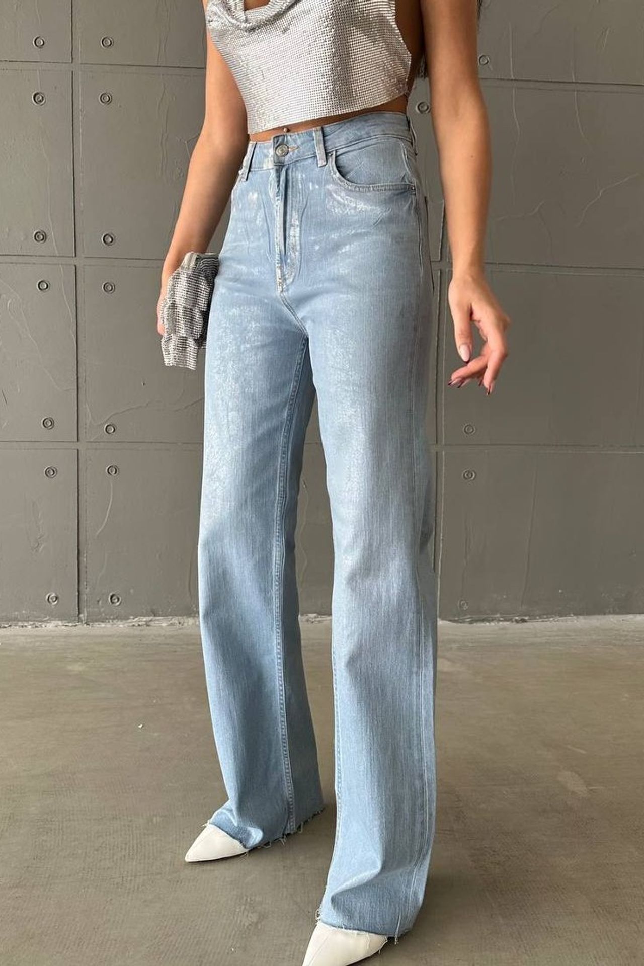 Glitter High Waist Ripped Wide Leg Jeans