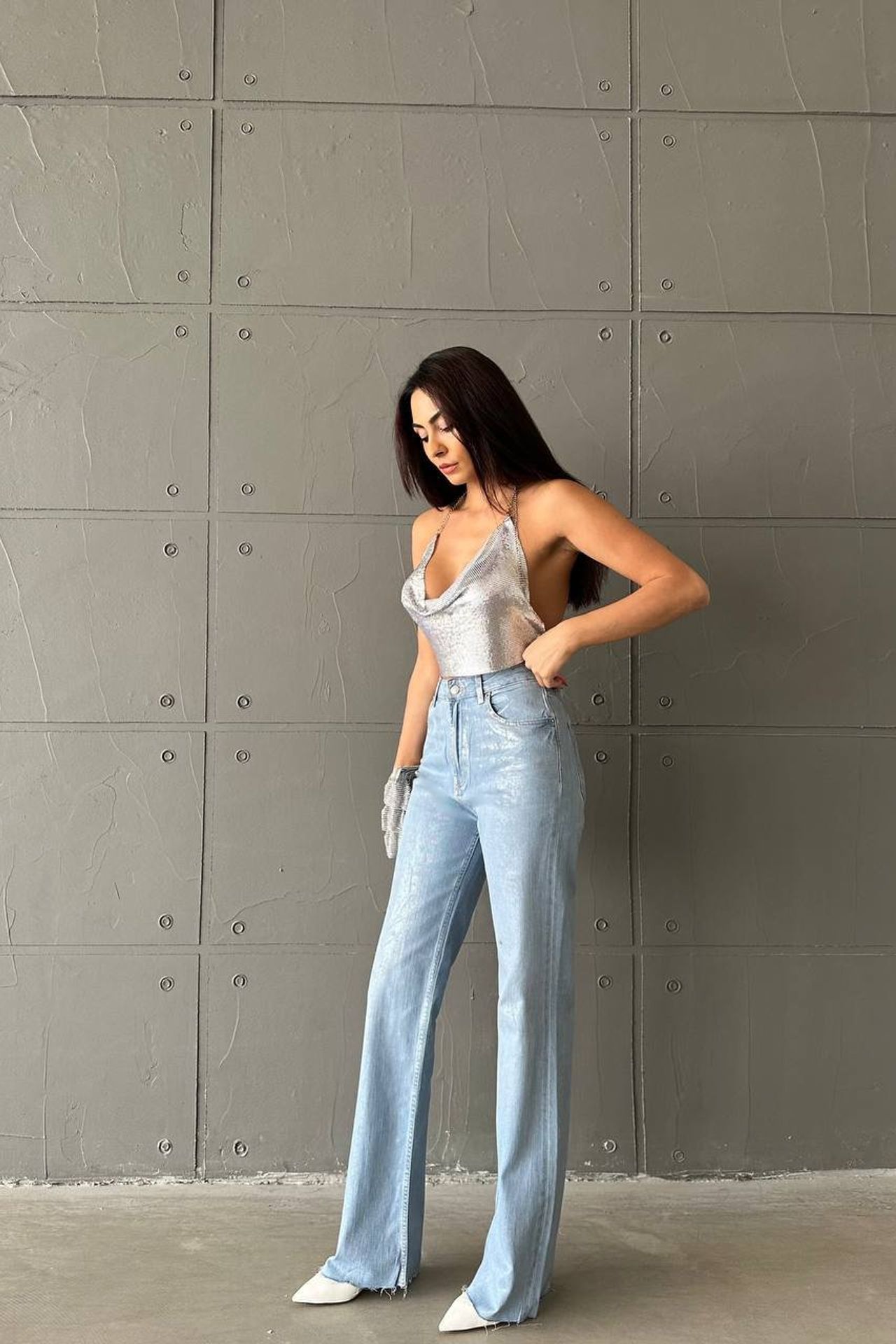 Glitter High Waist Ripped Wide Leg Jeans