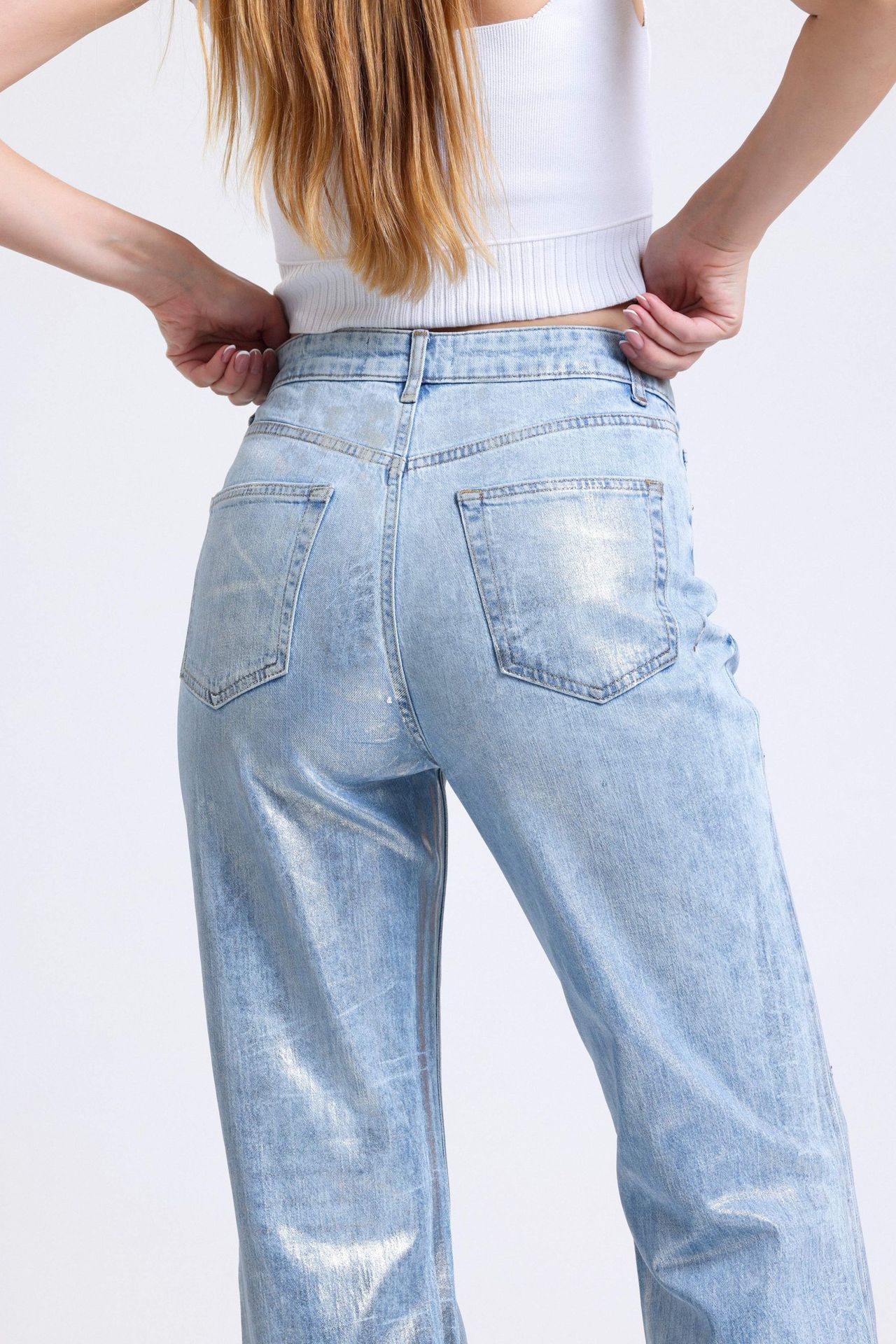 Glitter High Waist Ripped Wide Leg Jeans
