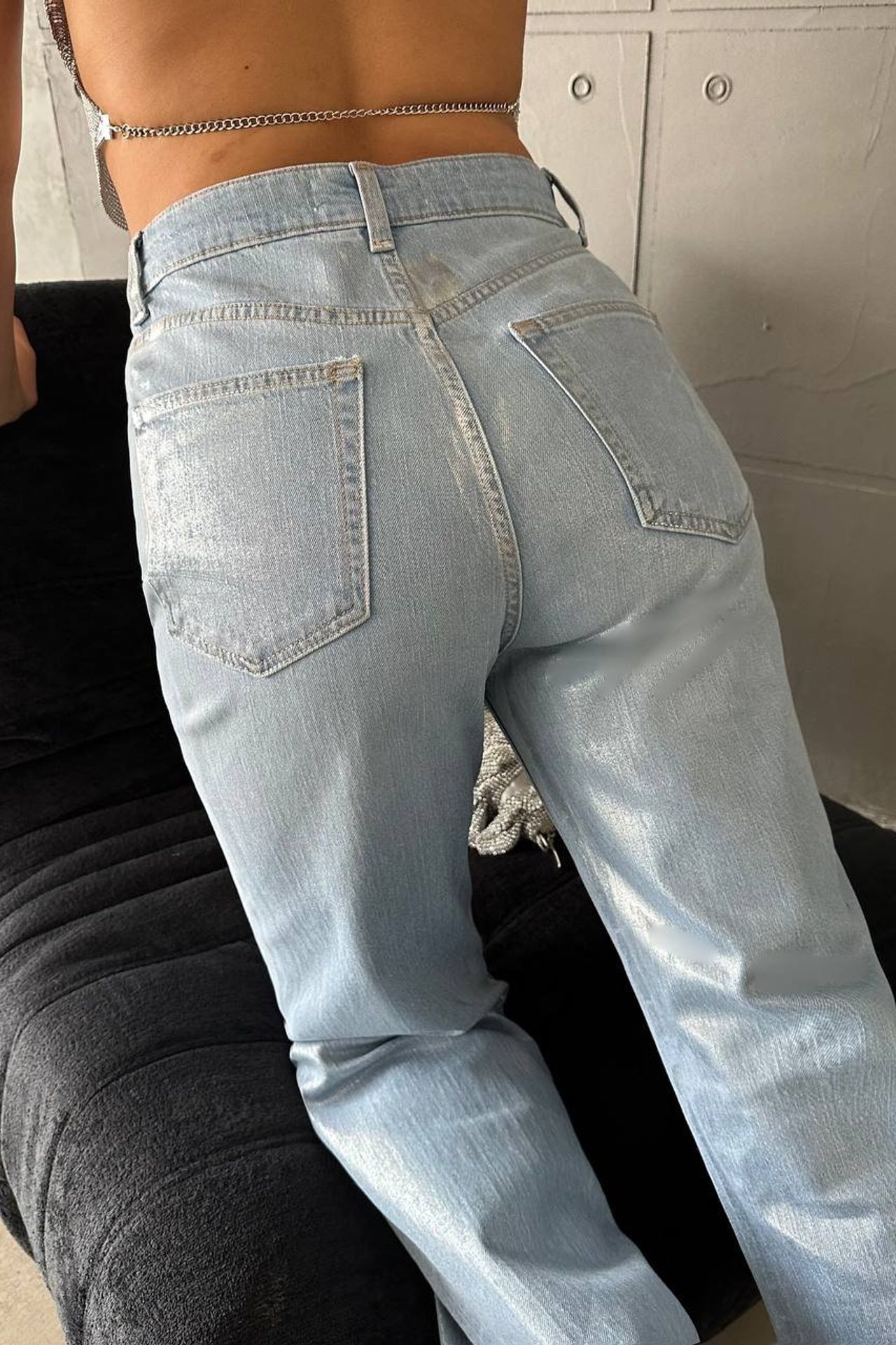 Glitter High Waist Ripped Wide Leg Jeans