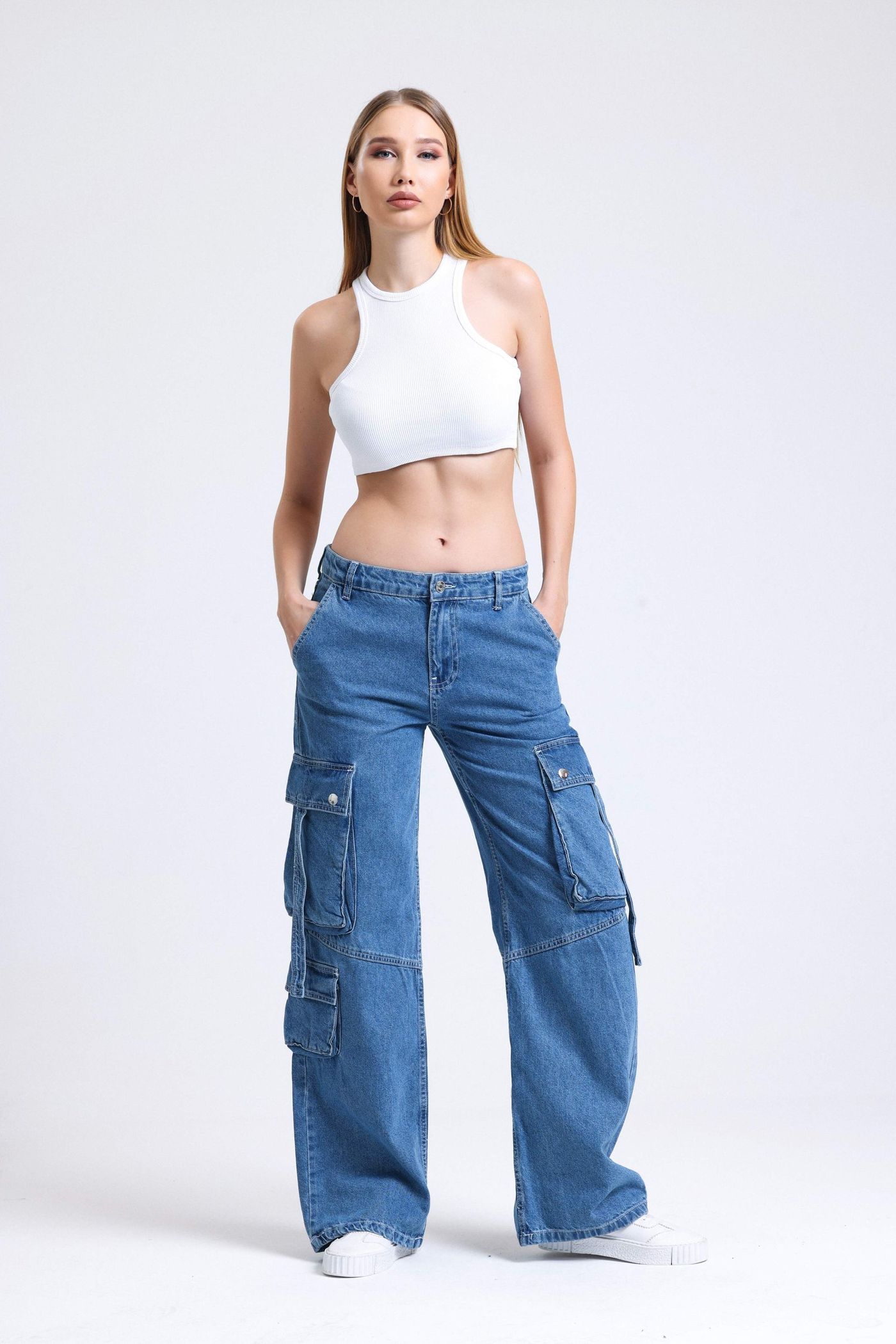 Mid Rise Pocket Cargo Jeans