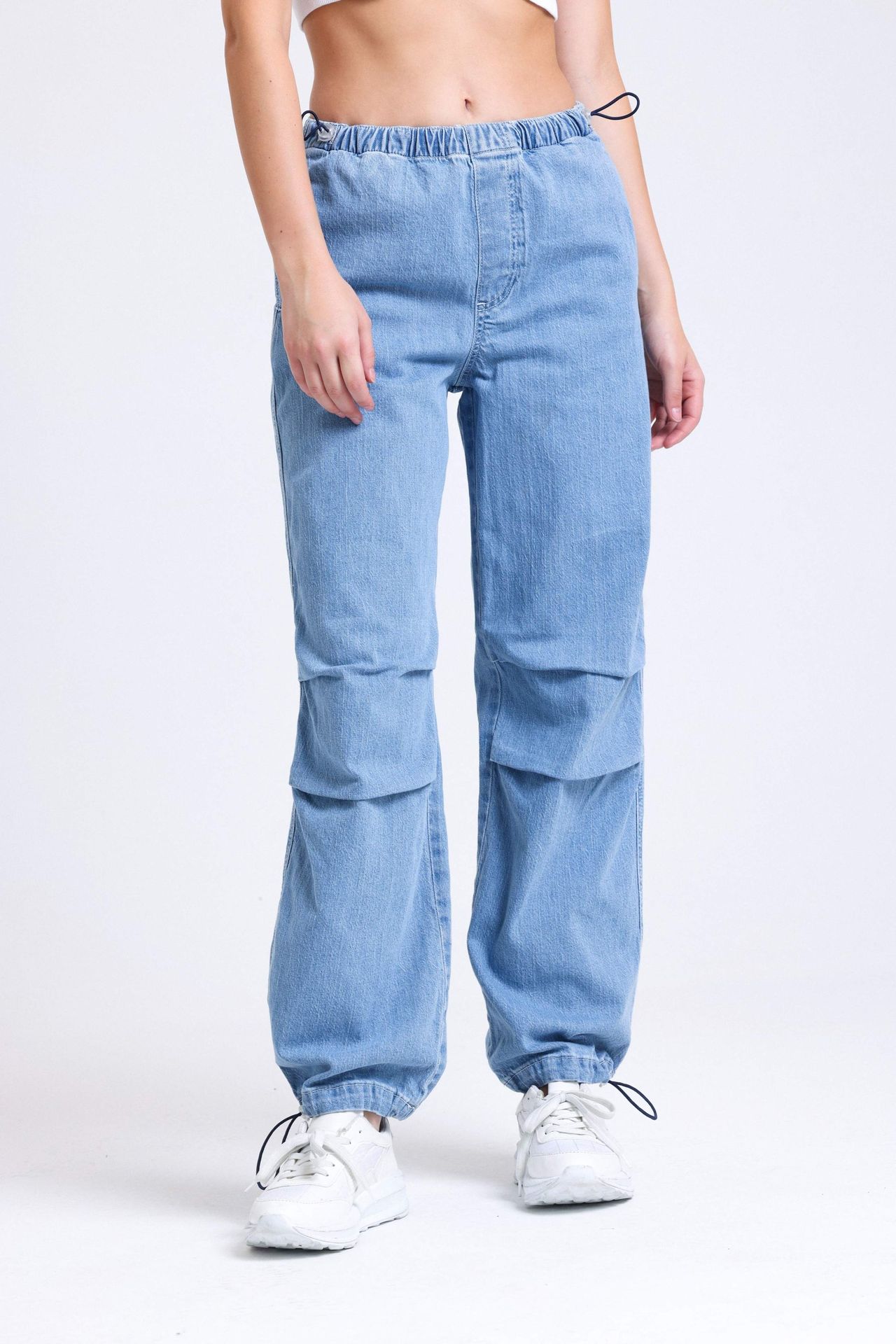 High Waist Drawstring Cargo Jeans with a Knee Detail