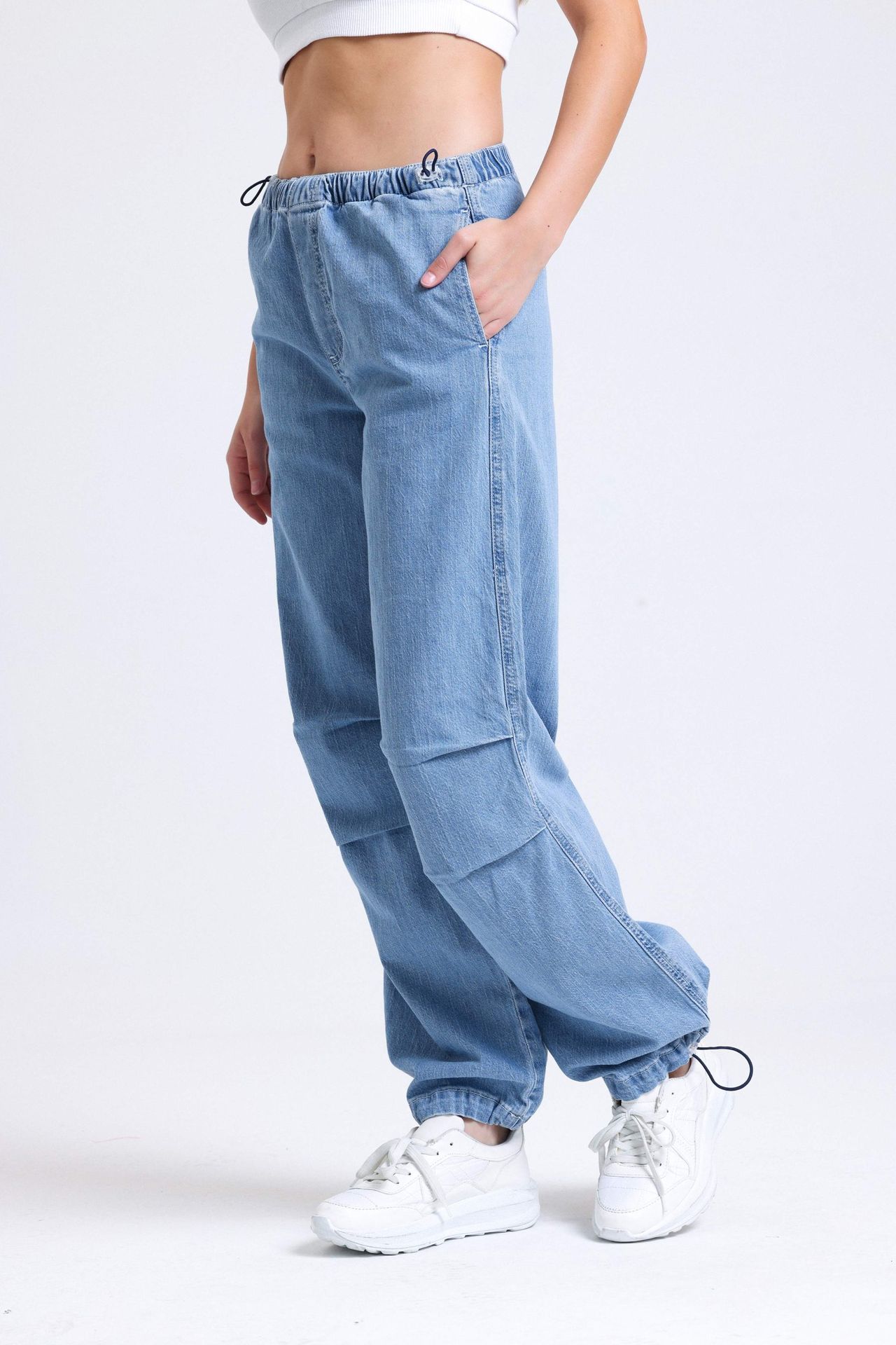 High Waist Drawstring Cargo Jeans with a Knee Detail