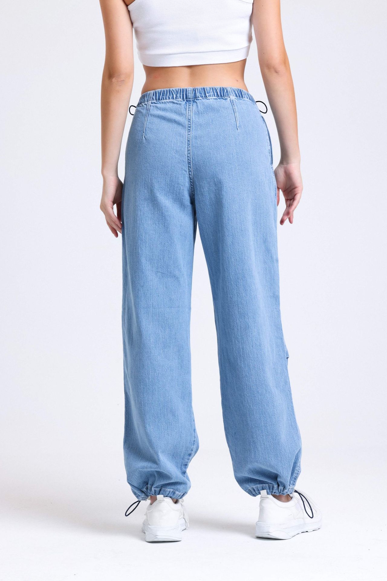 High Waist Drawstring Cargo Jeans with a Knee Detail