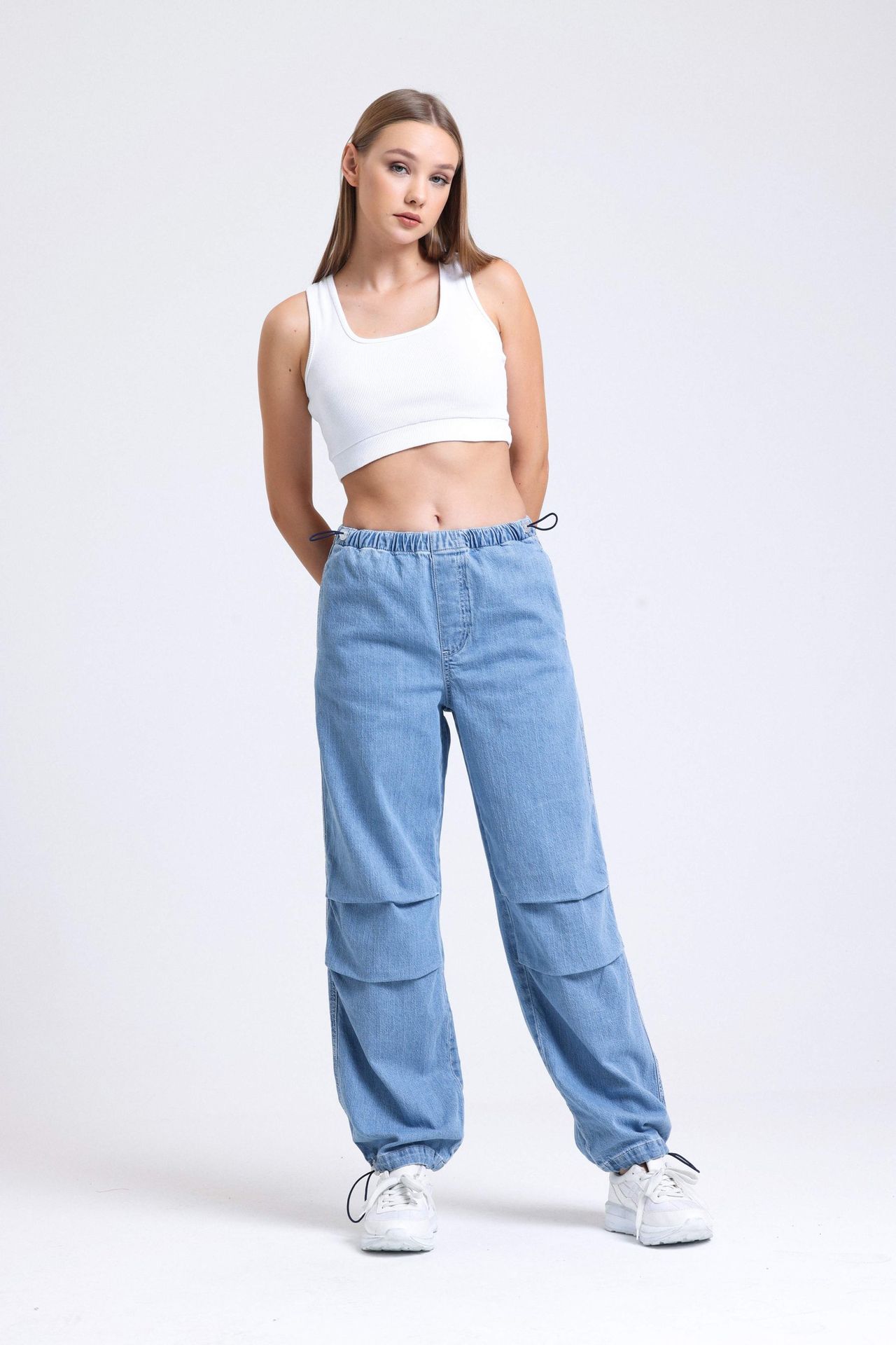 High Waist Drawstring Cargo Jeans with a Knee Detail