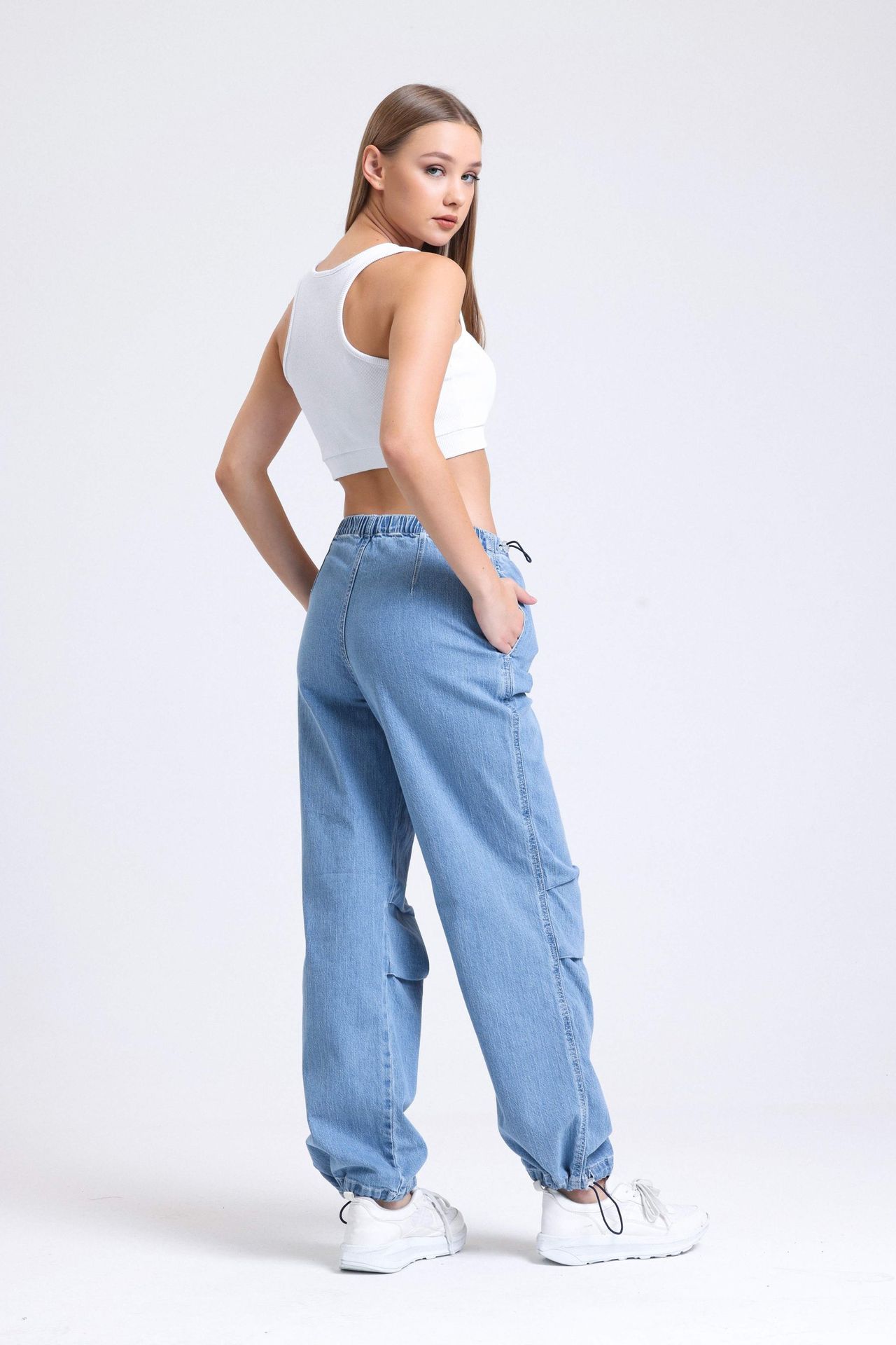 High Waist Drawstring Cargo Jeans with a Knee Detail