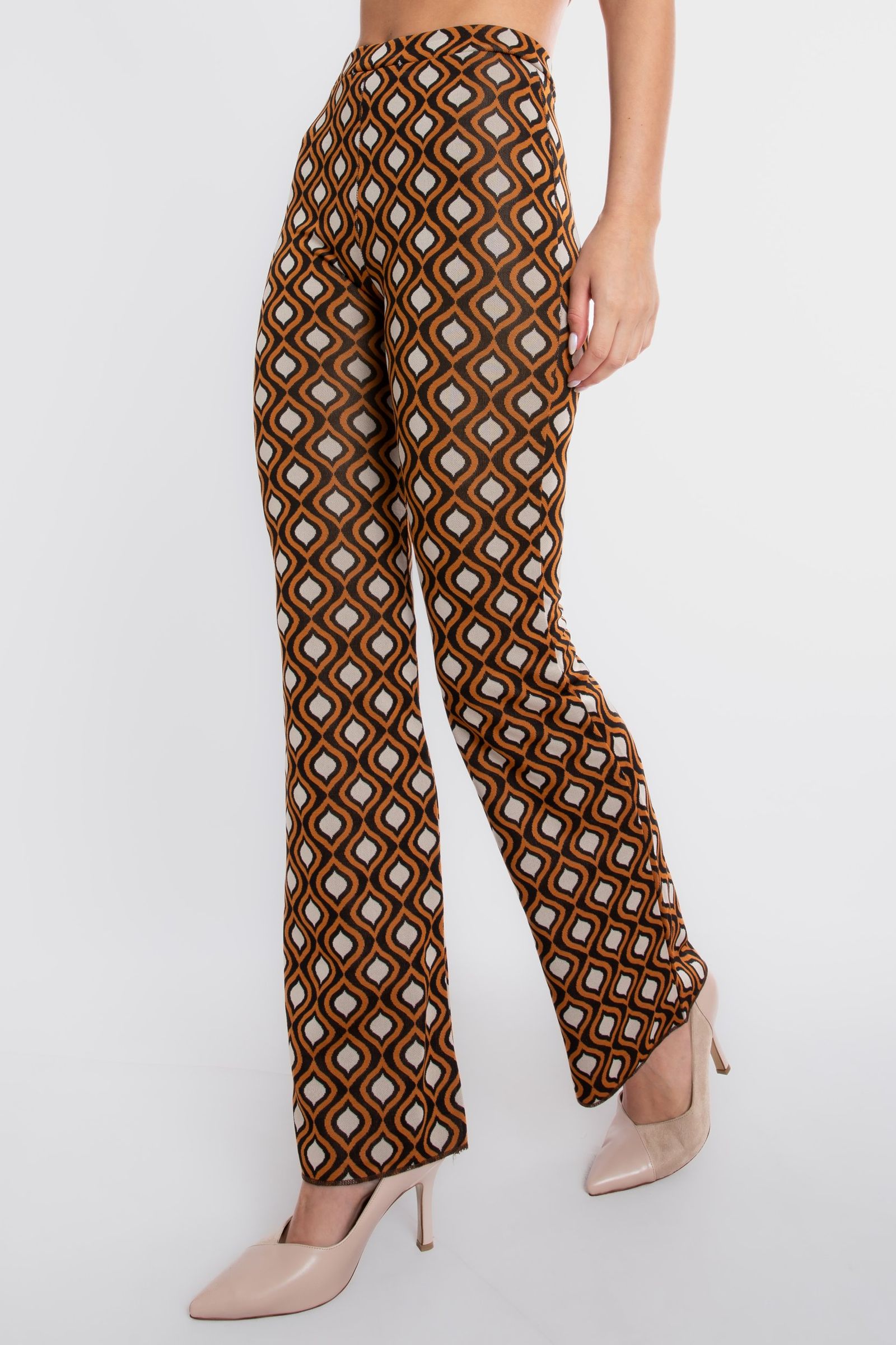 Geometric Mid Rise Elastic Waist Flare Trousers