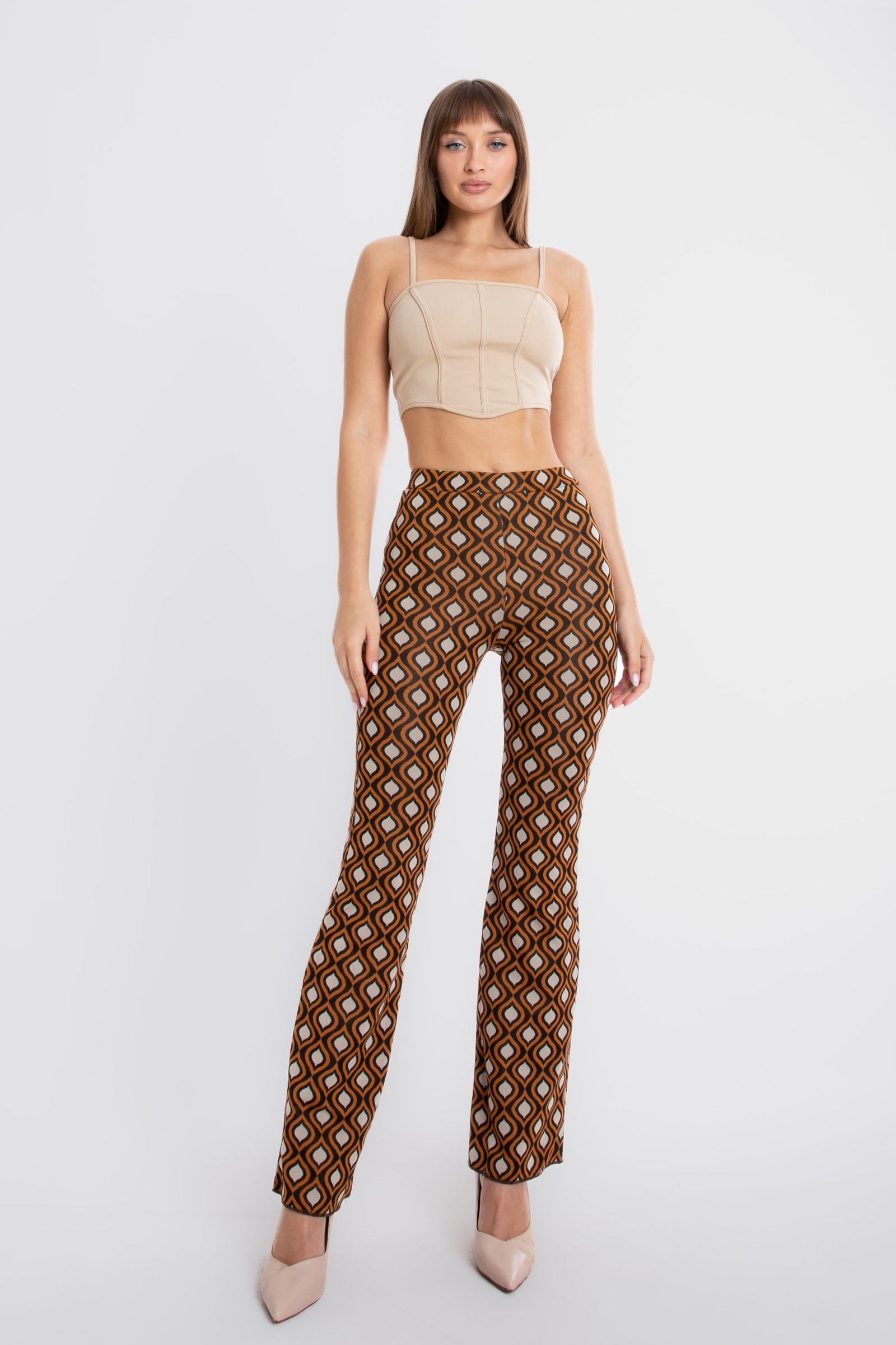 Geometric Mid Rise Elastic Waist Flare Trousers