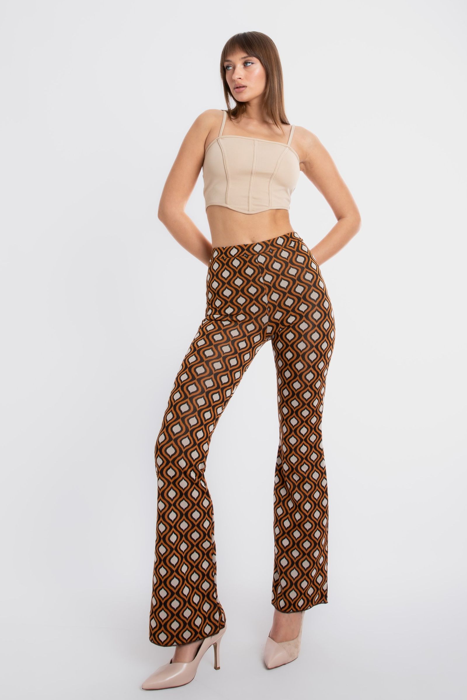 Geometric Mid Rise Elastic Waist Flare Trousers