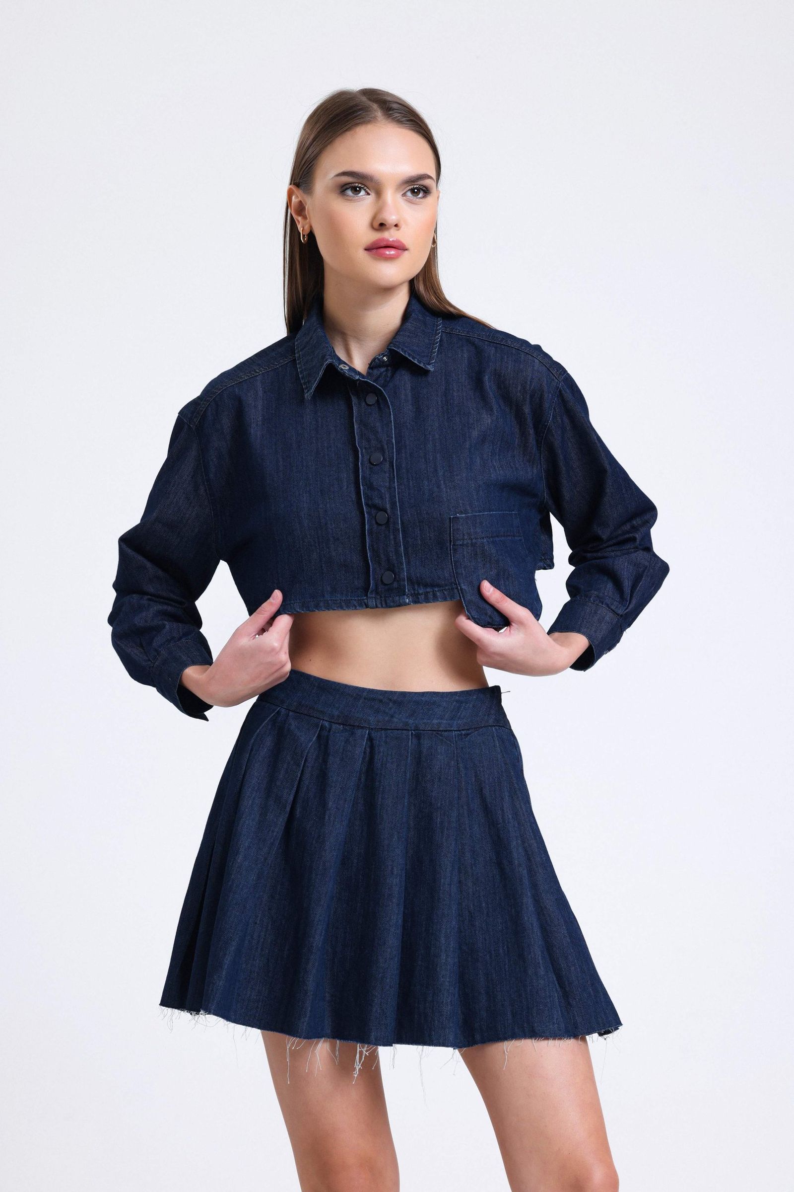 Denim High Waist Pleated Mini Skirt