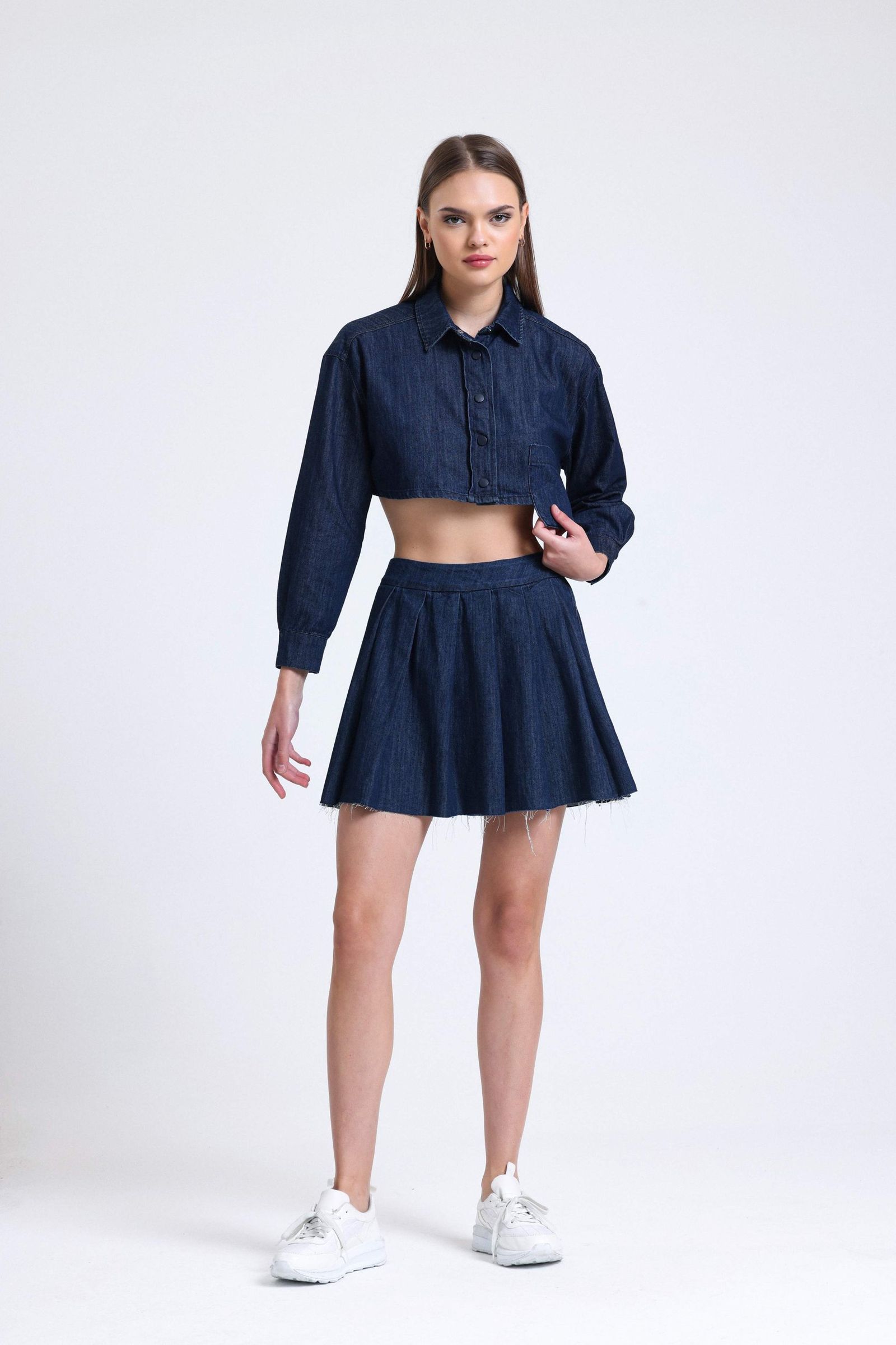 Denim High Waist Pleated Mini Skirt