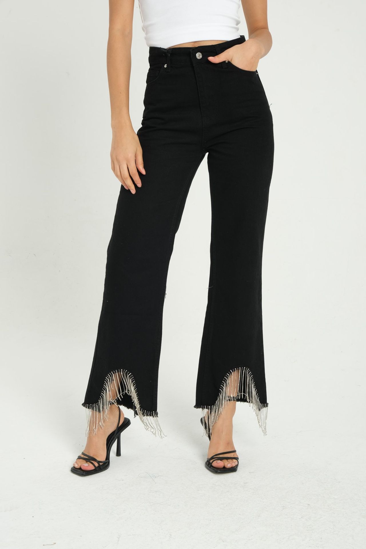 High Waist Wide Leg Jeans with a Tassel Hem