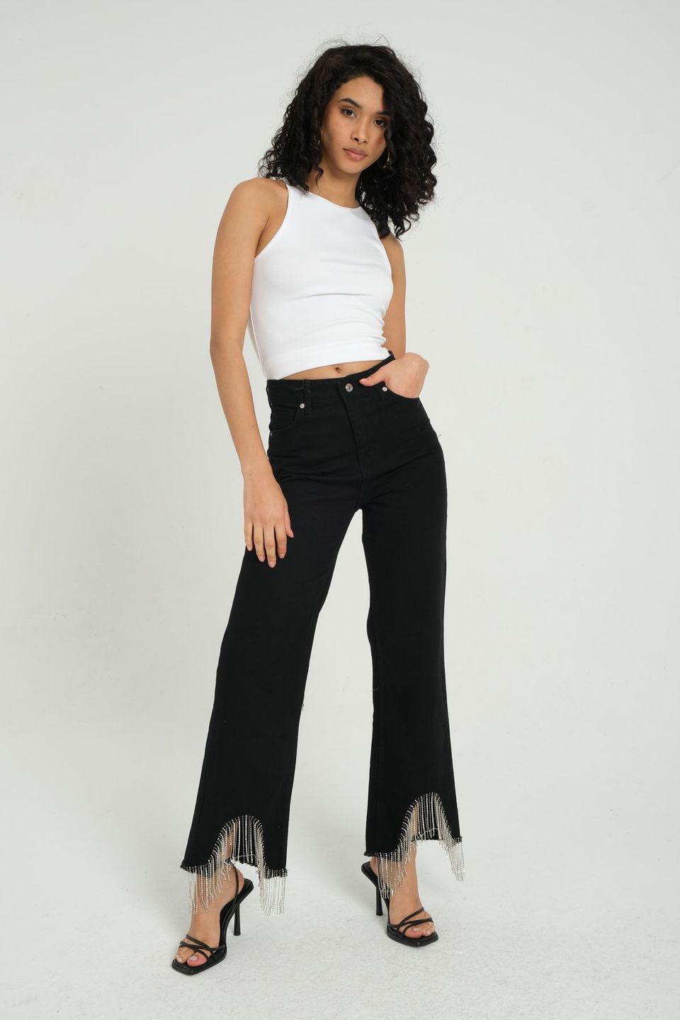 High Waist Wide Leg Jeans with a Tassel Hem