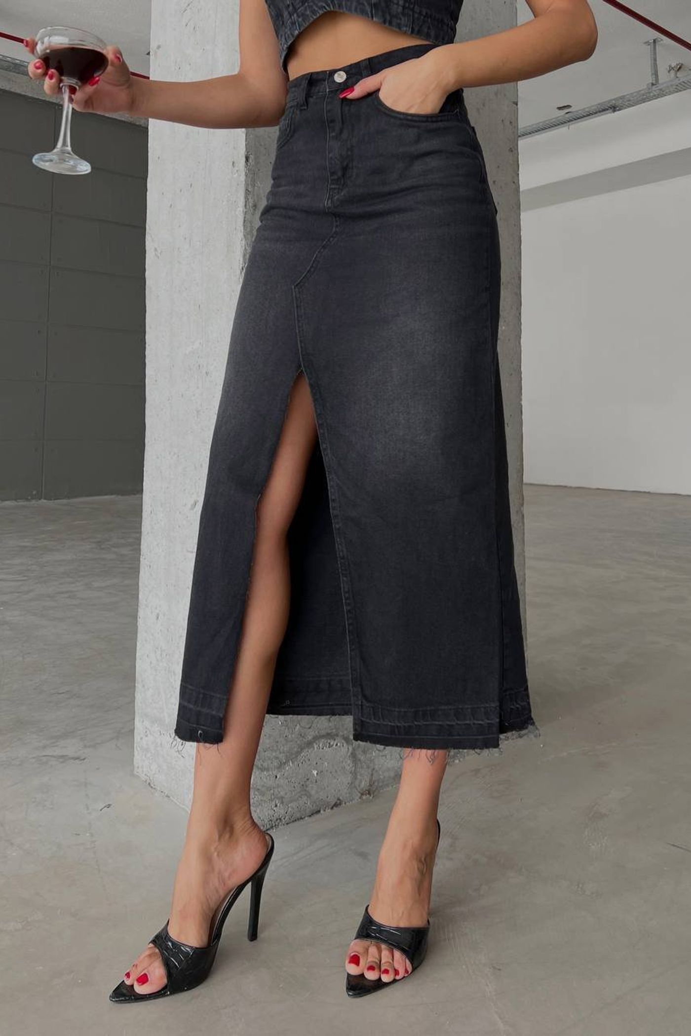 Denim High Waist Midi Skirt with a Front Slit