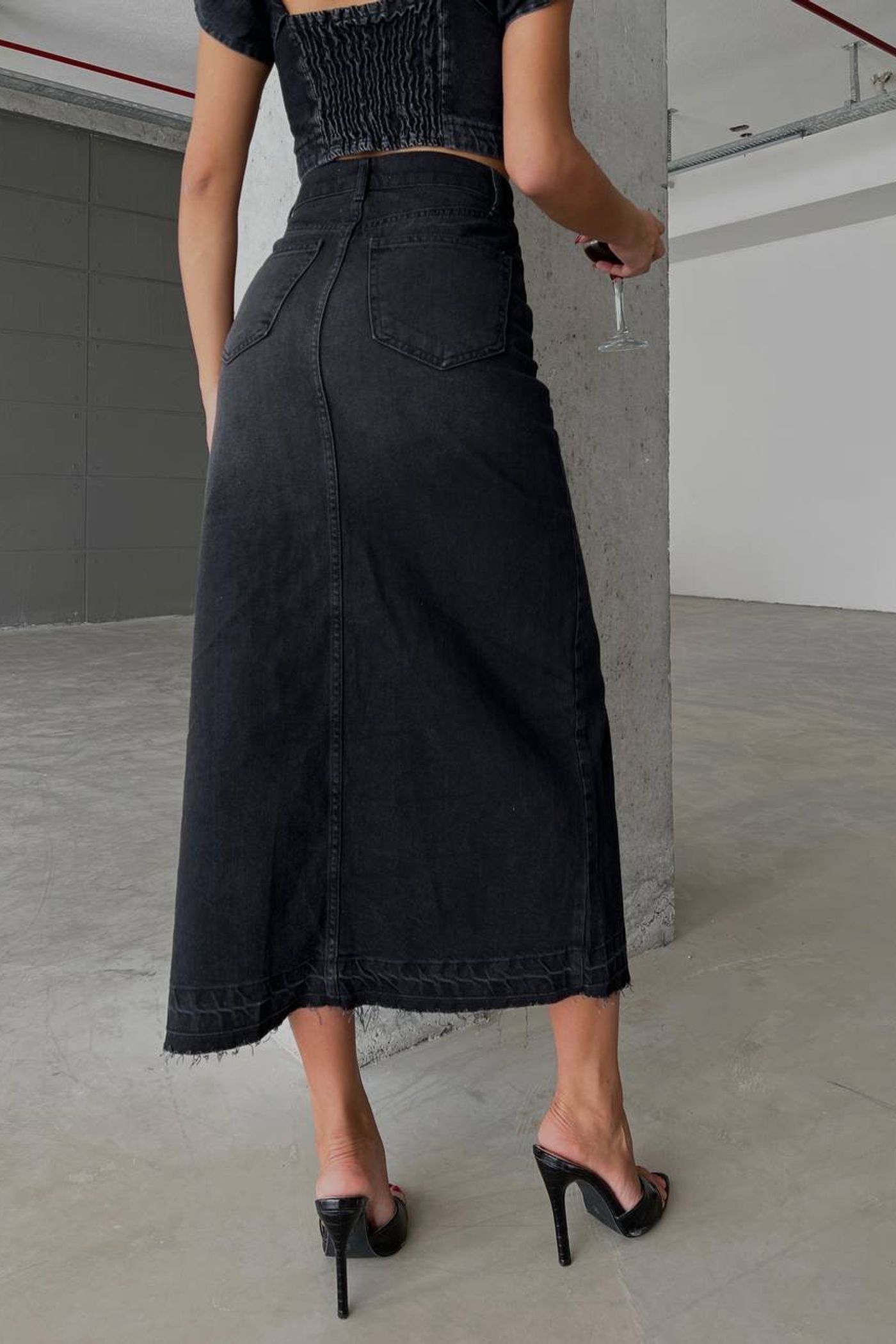 Denim High Waist Midi Skirt with a Front Slit