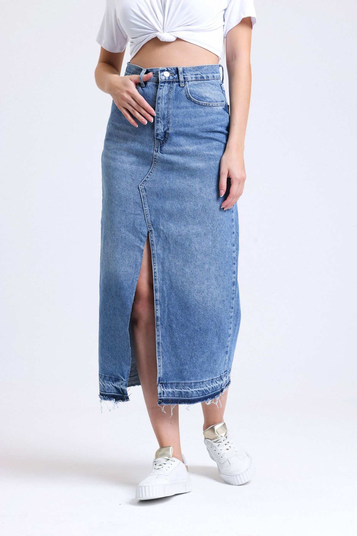 Denim High Waist Midi Skirt with a Front Slit