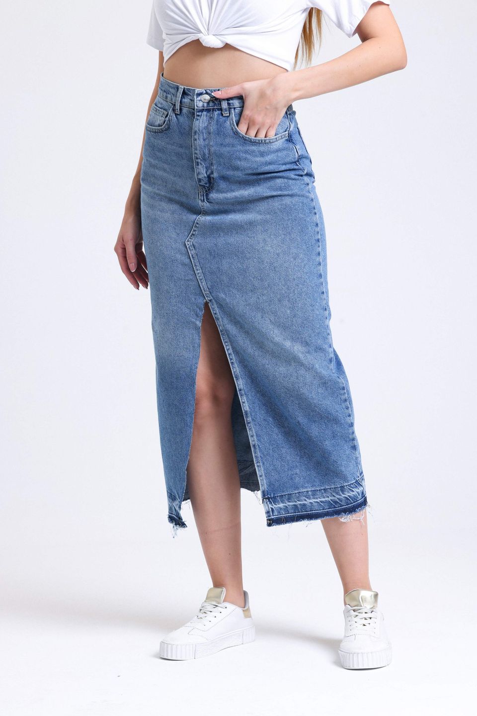 Denim High Waist Midi Skirt with a Front Slit