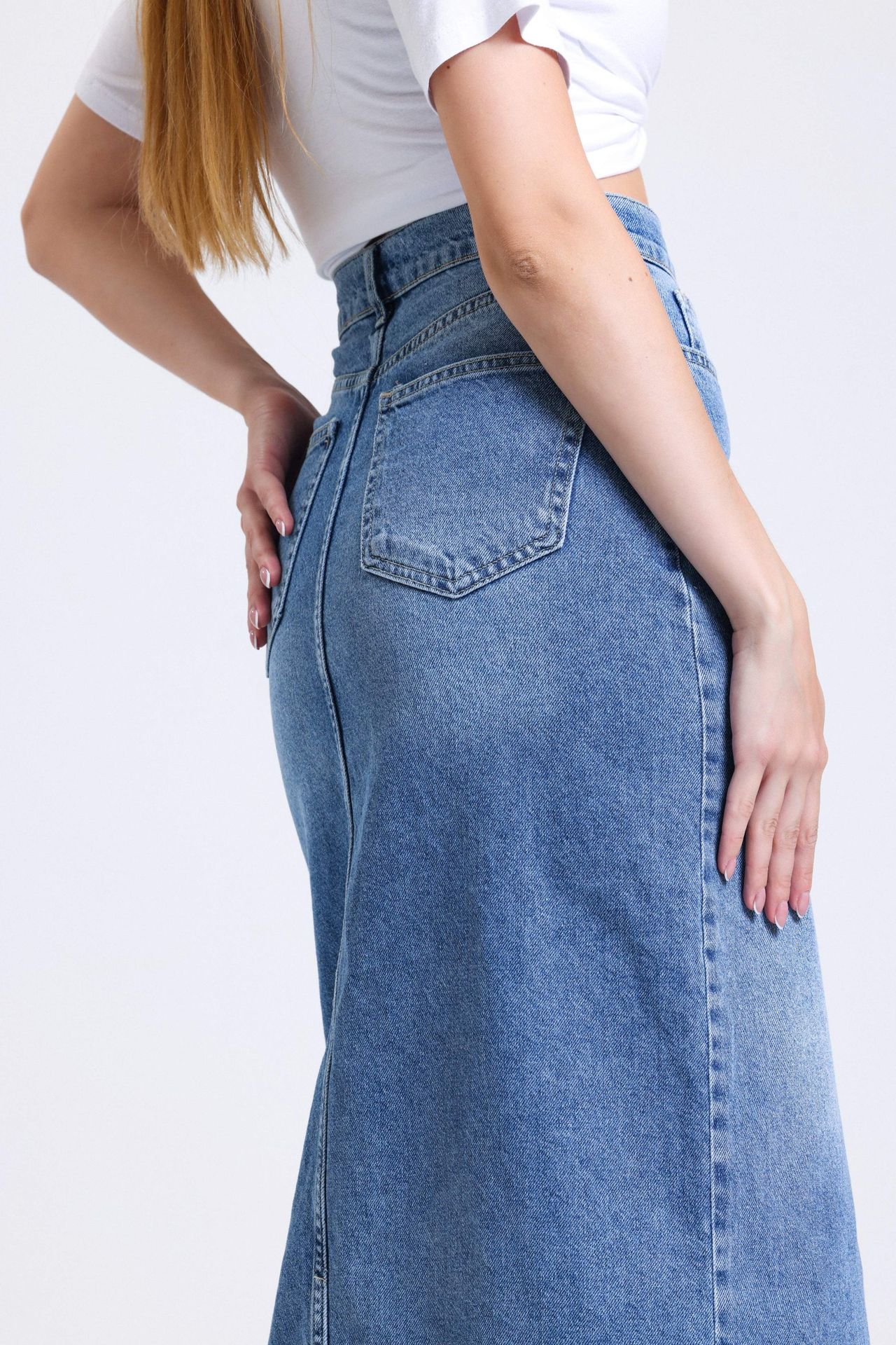 Denim High Waist Midi Skirt with a Front Slit