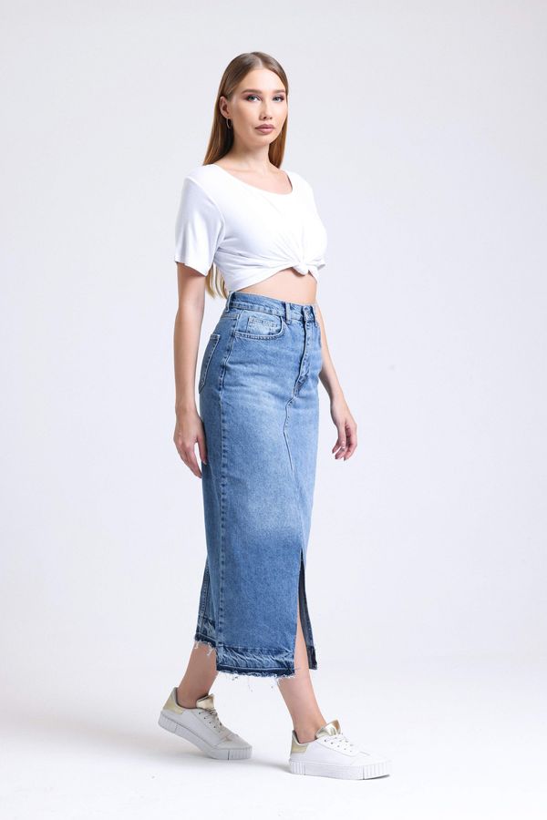 Denim High Waist Midi Skirt with a Front Slit 4