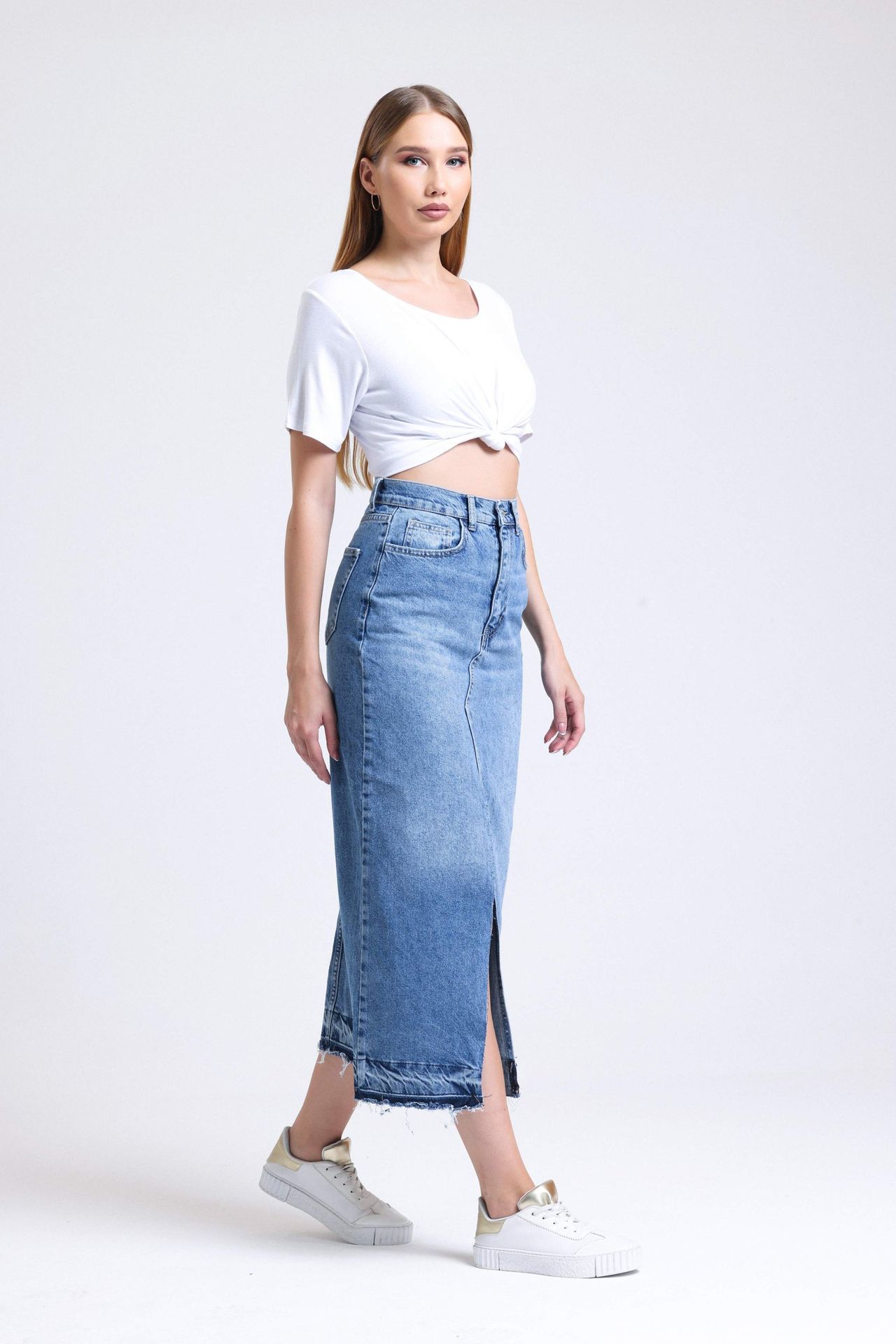 Denim High Waist Midi Skirt with a Front Slit