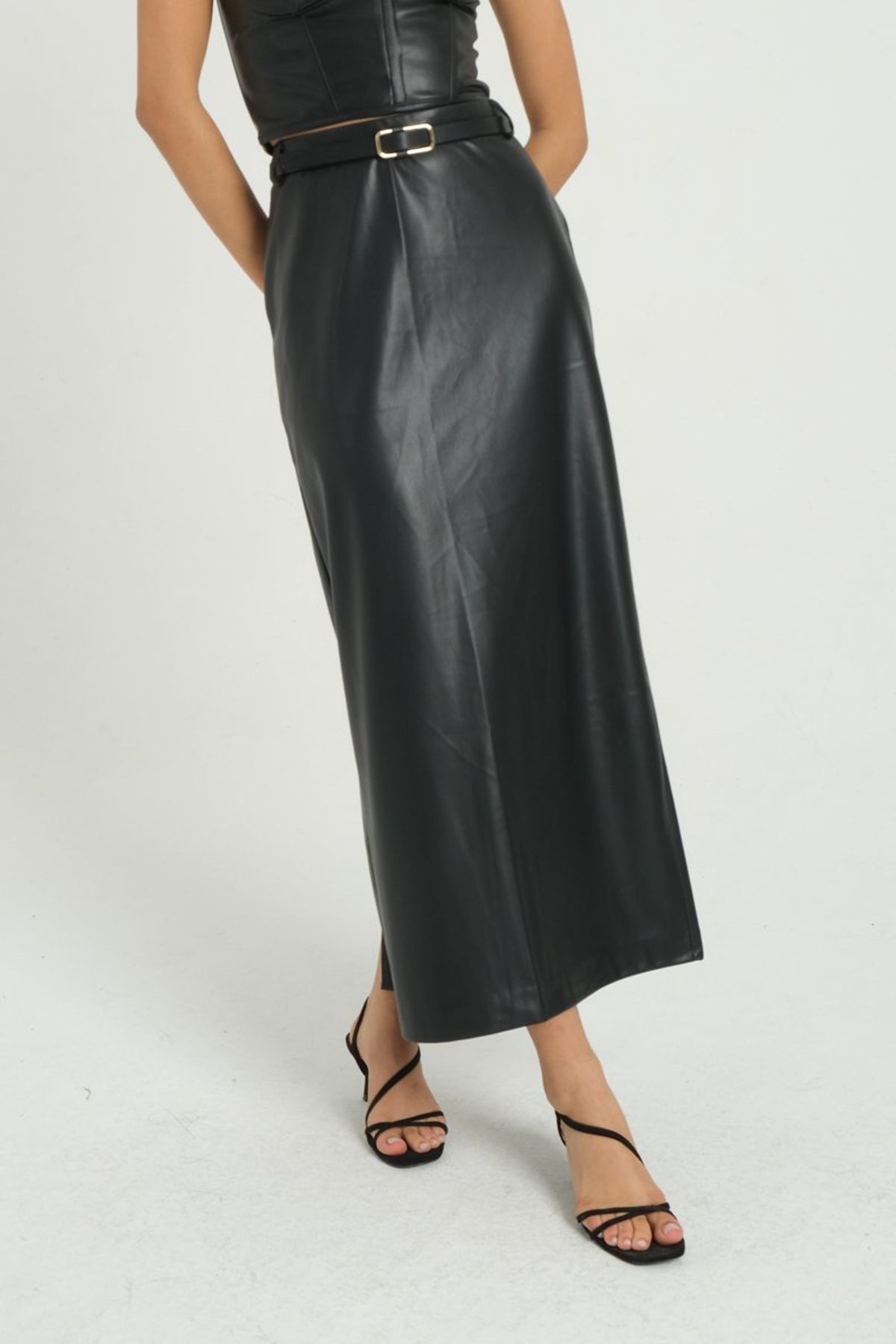 Faux Leather Mid Rise Maxi Skirt with a Belt