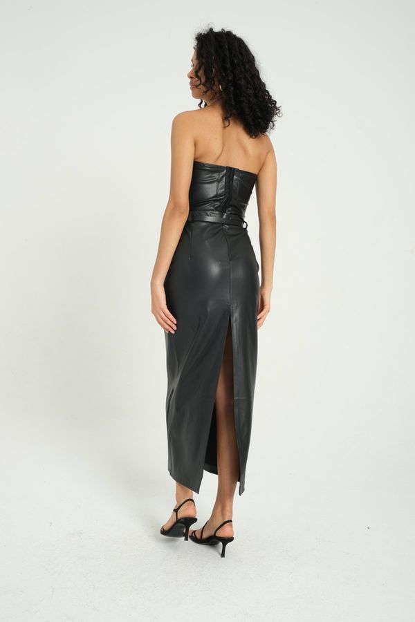 Faux Leather Mid Rise Maxi Skirt with a Belt 3