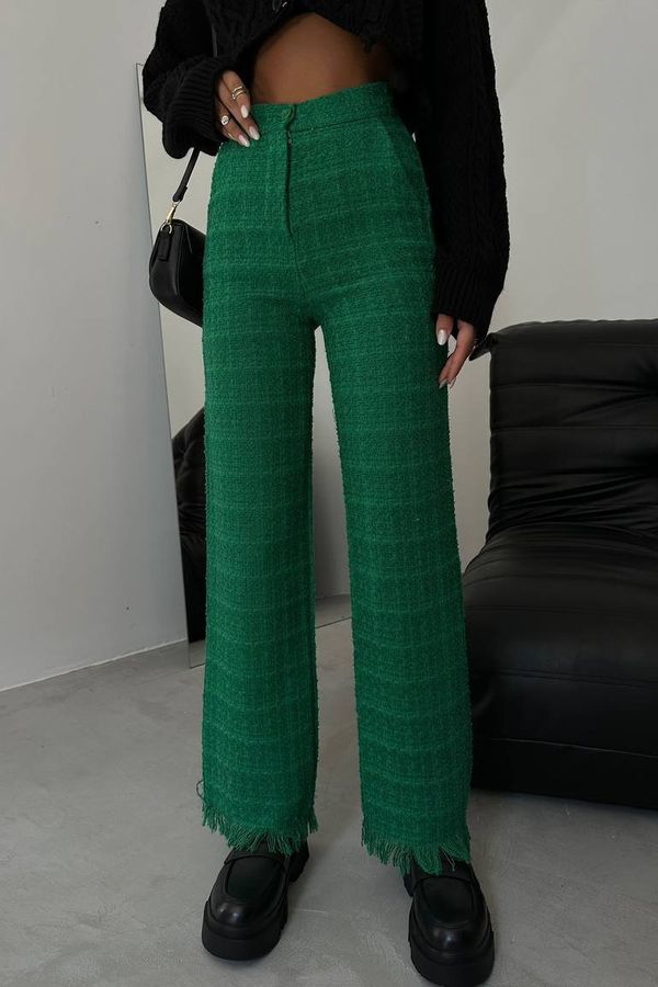 Tweed High Waist Straight Leg Trousers with a Tassel Hem 1
