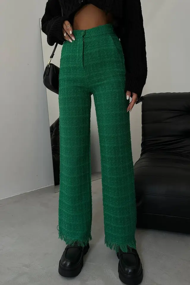 Tweed High Waist Straight Leg Trousers with a Tassel Hem