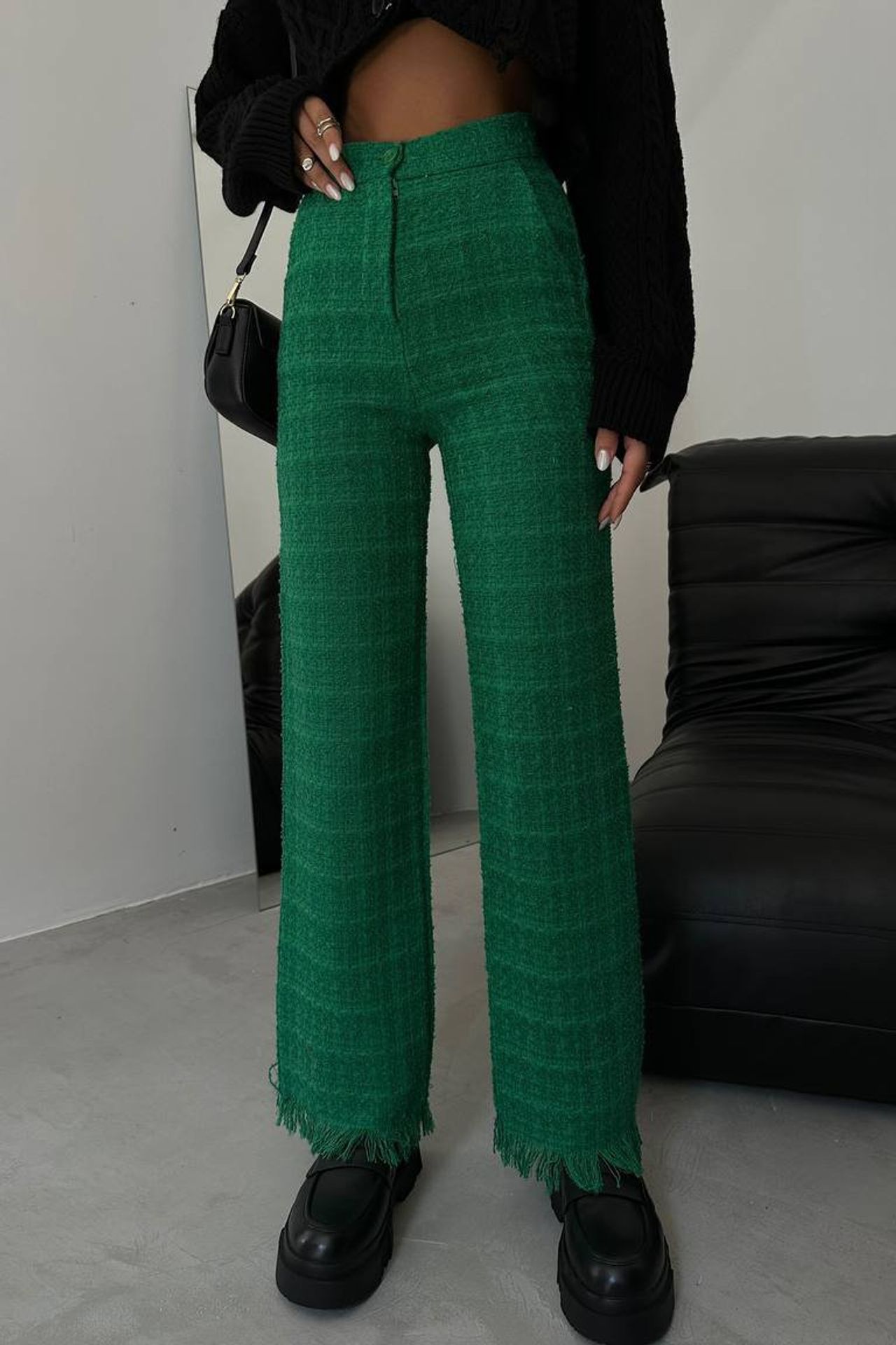 Tweed High Waist Straight Leg Trousers with a Tassel Hem